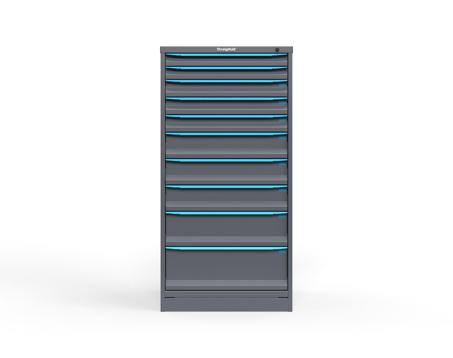 Modular Drawer 14 GA Storage Cabinet with 10 total drawers -2" Drawers x2, 3" Drawers x3, 5" Drawers x3, 7" Drawers x1, 9" Drawers x1 - 3" Integrated Legs - 30 In. W x 29 In. D x 60 In H. - S3060-PPDAS-1001FS-5012