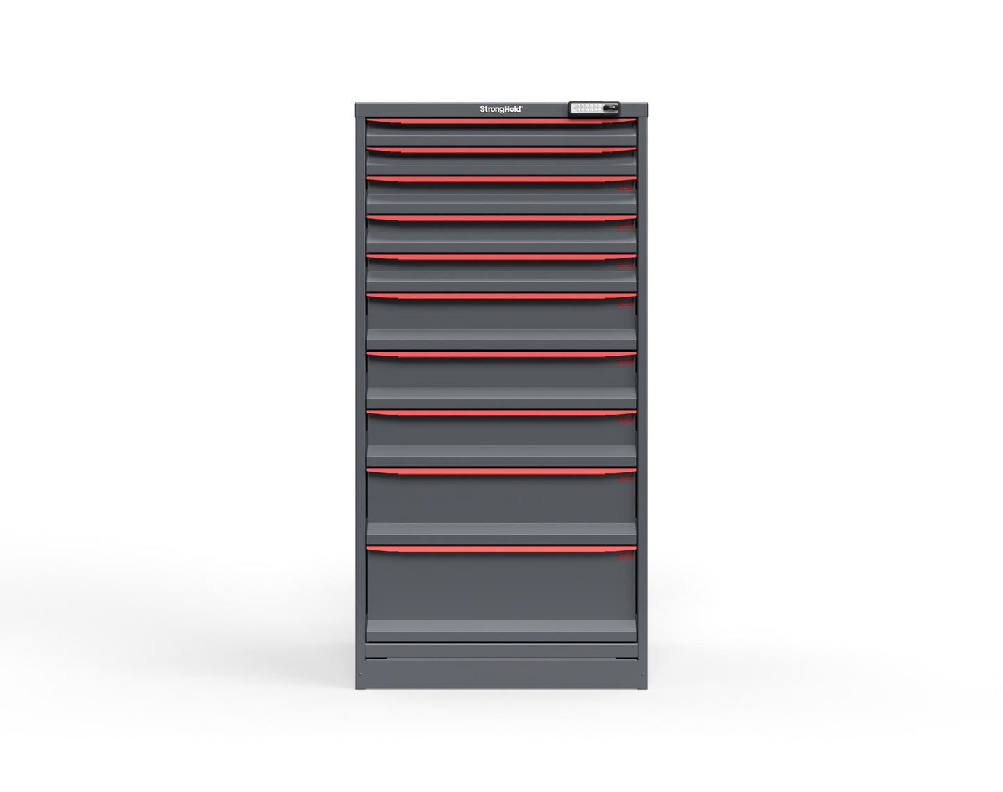 Modular Drawer 14 GA Storage Cabinet with 10 total drawers -2" Drawers x2, 3" Drawers x3, 5" Drawers x3, 7" Drawers x1, 9" Drawers x1 - 3" Integrated Legs - 30 In. W x 29 In. D x 60 In H. - S3060-PPRAS-1001DS-3001