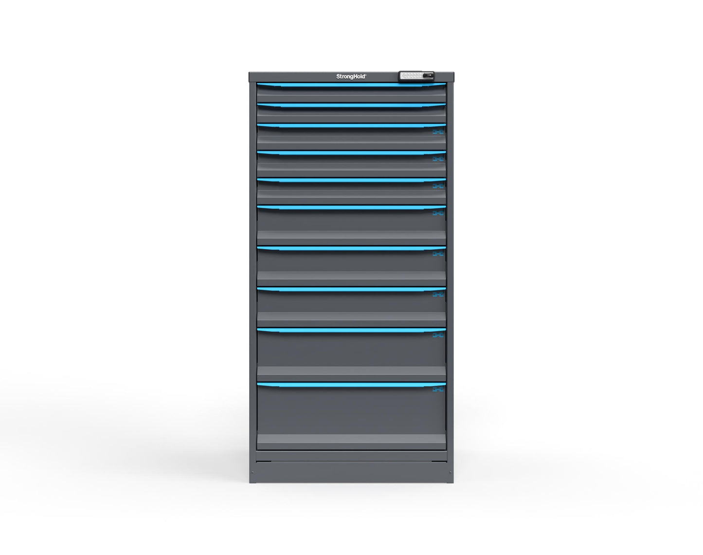 Modular Drawer 14 GA Storage Cabinet with 10 total drawers -2" Drawers x2, 3" Drawers x3, 5" Drawers x3, 7" Drawers x1, 9" Drawers x1 - 3" Integrated Legs - 30 In. W x 29 In. D x 60 In H. - S3060-PPRAS-1001FS-5012