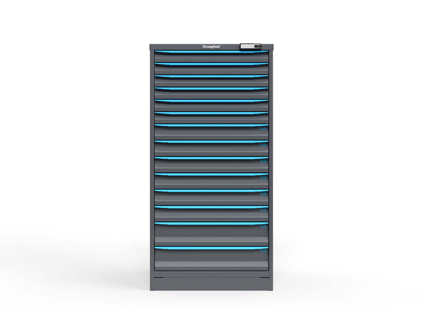 Modular Drawer 14 GA Storage Cabinet with 14 total drawers -2" Drawers x6, 3" Drawers x6, 5" Drawers x2 - 3" Integrated Legs - 30 In. W x 29 In. D x 60 In H. - S3060-PPRAS-1401FS-5012