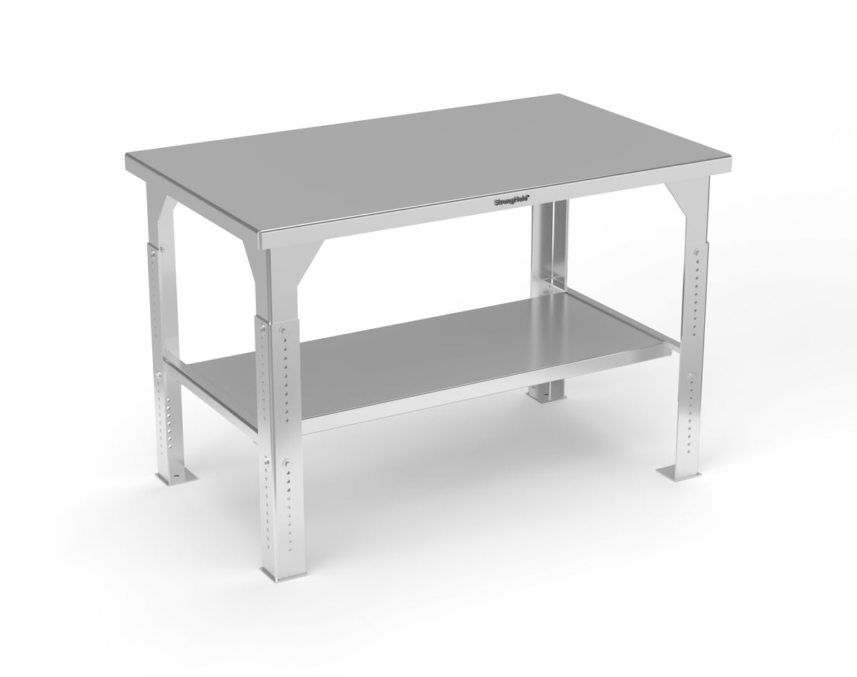 Extreme Duty 7 GA Stainless Steel Shop Table, Adjustable Legs, 1 Shelf - 60 In. W x 36 In. D x 30-40 In. H - T6036SS-AL-4