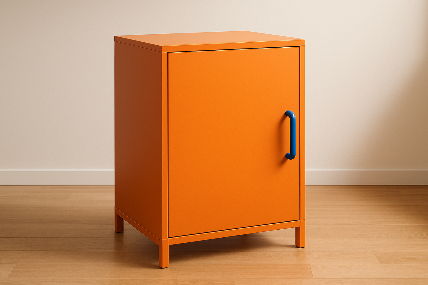 Orange cabinet with blue handle
