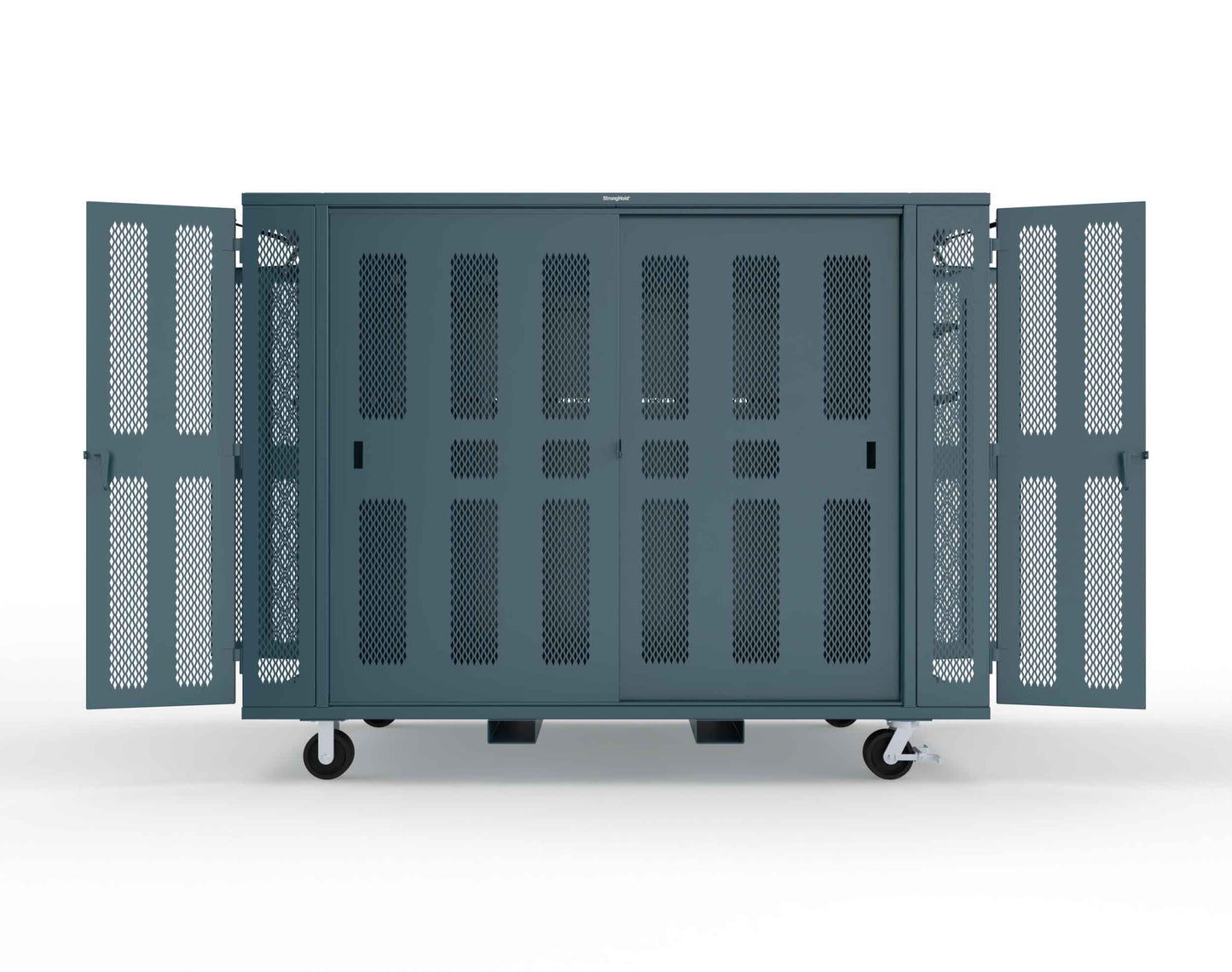 Extreme Duty Mobile Rigging Cabinet with 2 sets of 2 Ventilated Sliding Doors and 2 sets of 2 Ventilated Swing Doors with Short and Long Hangers  - 122 in. W x 50 in. D x 100 in. H - 10.27.6-4V-500-2SLD-2ED-40SH-16LH-FLP-CA-5001