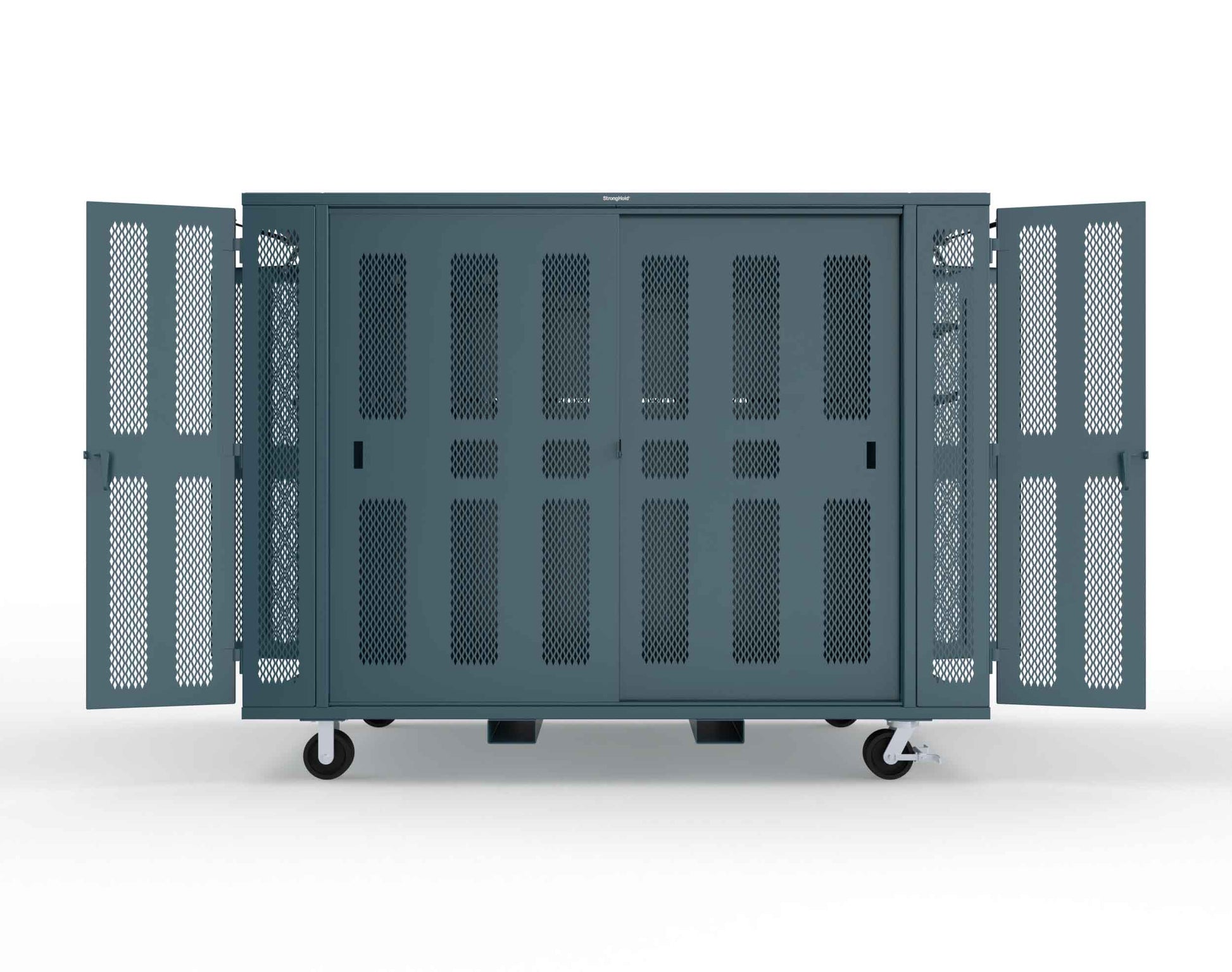 Extreme Duty Mobile Rigging Cabinet with 2 sets of 2 Ventilated Sliding Doors and 2 sets of 2 Ventilated Swing Doors with Short and Long Hangers  - 122 in. W x 50 in. D x 100 in. H - 10.27.6-4V-500-2SLD-2ED-40SH-16LH-FLP-CA-5001