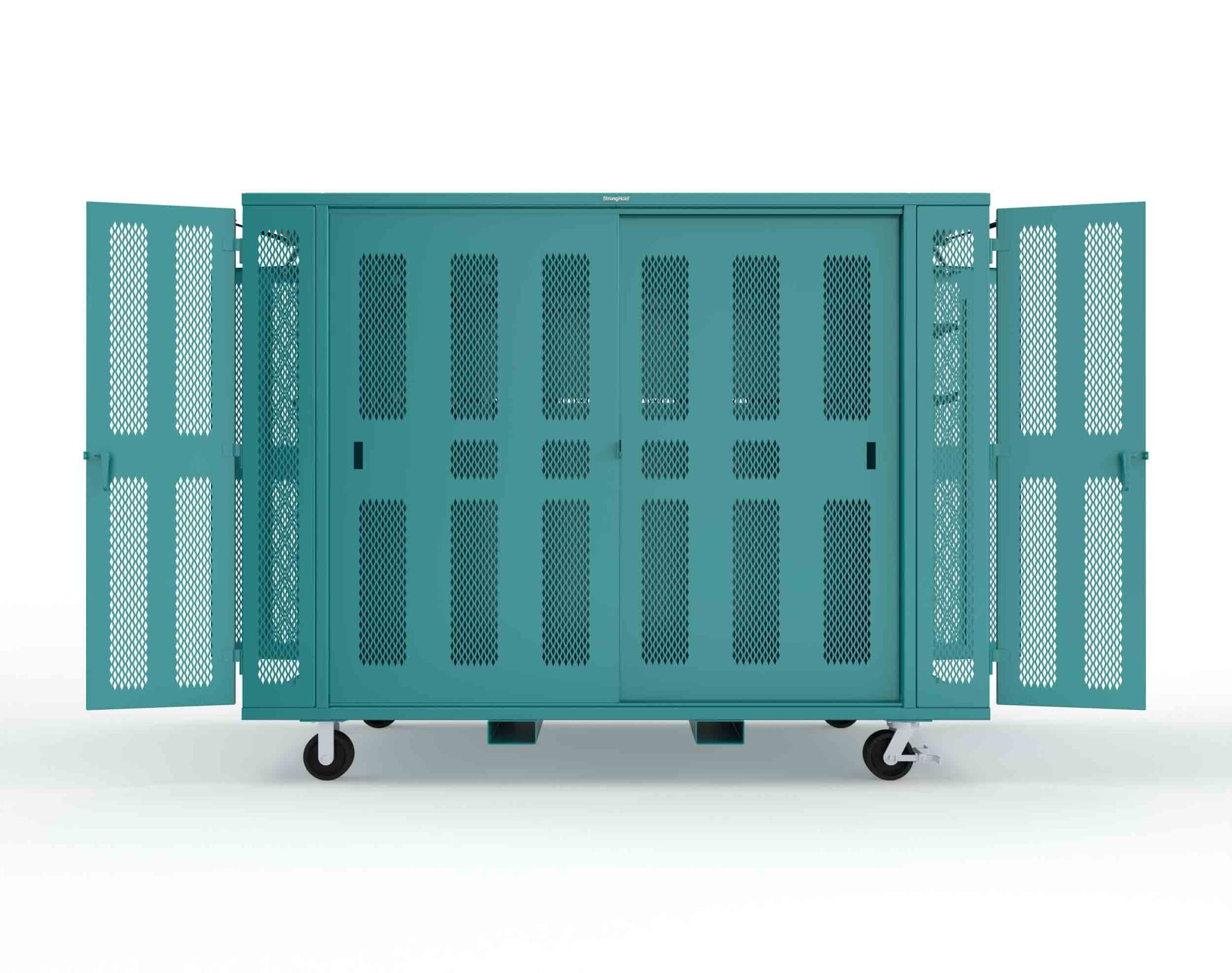 Extreme Duty Mobile Rigging Cabinet with 2 sets of 2 Ventilated Sliding Doors and 2 sets of 2 Ventilated Swing Doors with Short and Long Hangers  - 122 in. W x 50 in. D x 100 in. H - 10.27.6-4V-500-2SLD-2ED-40SH-16LH-FLP-CA-5021