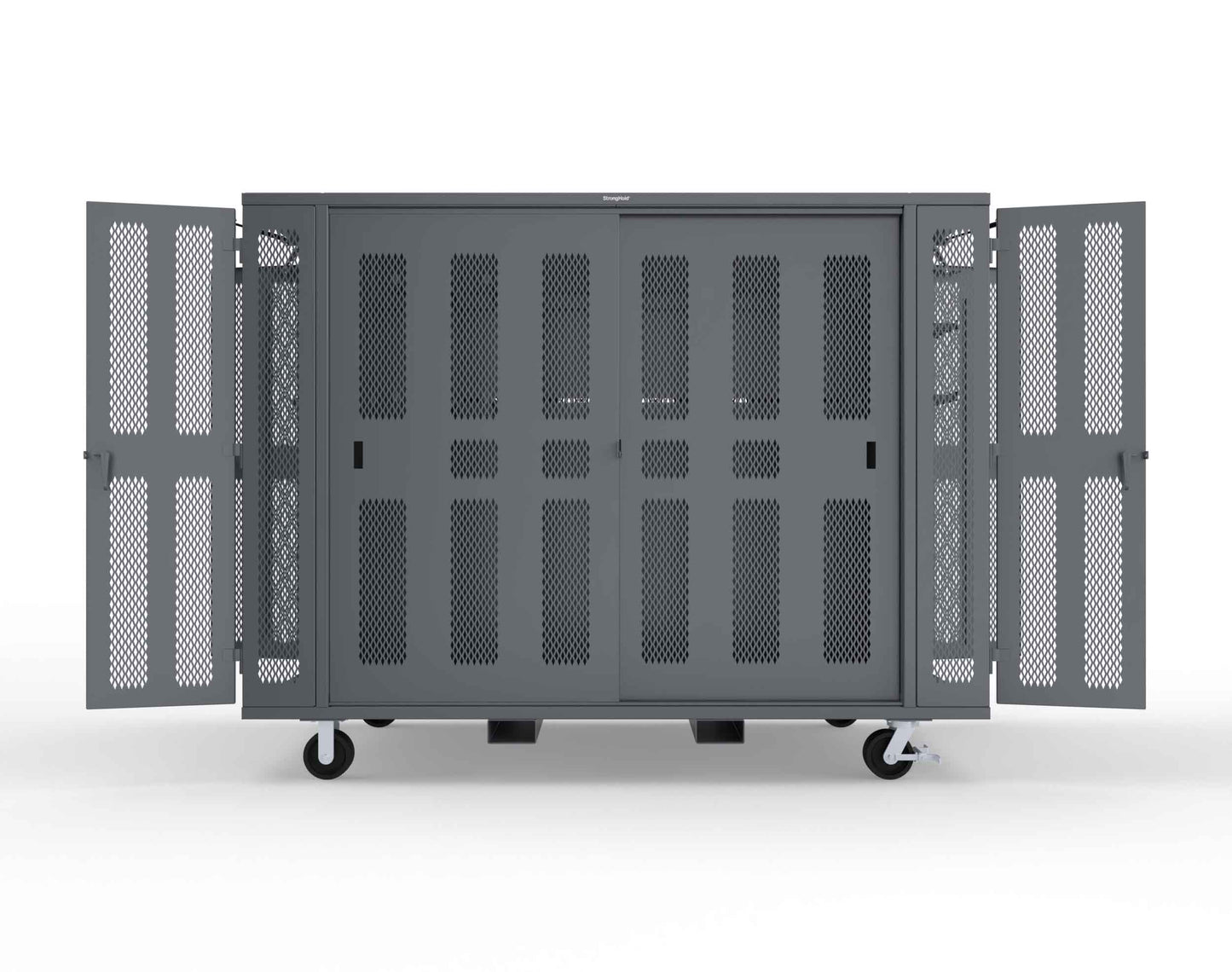Extreme Duty Mobile Rigging Cabinet with 2 sets of 2 Ventilated Sliding Doors and 2 sets of 2 Ventilated Swing Doors with Short and Long Hangers  - 122 in. W x 50 in. D x 100 in. H - 10.27.6-4V-500-2SLD-2ED-40SH-16LH-FLP-CA-7024