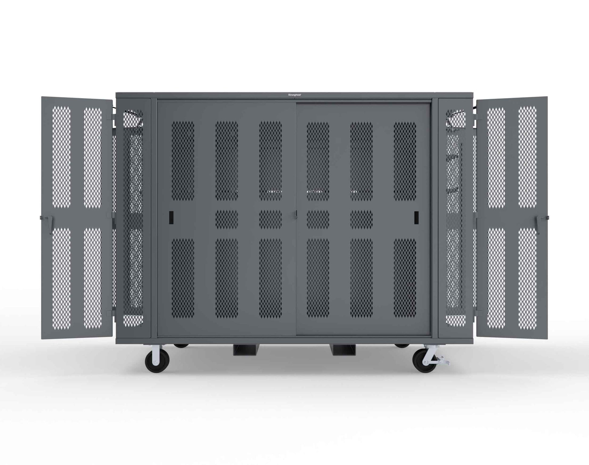 Extreme Duty Mobile Rigging Cabinet with 2 sets of 2 Ventilated Sliding Doors and 2 sets of 2 Ventilated Swing Doors with Short and Long Hangers  - 122 in. W x 50 in. D x 100 in. H - 10.27.6-4V-500-2SLD-2ED-40SH-16LH-FLP-CA-7024