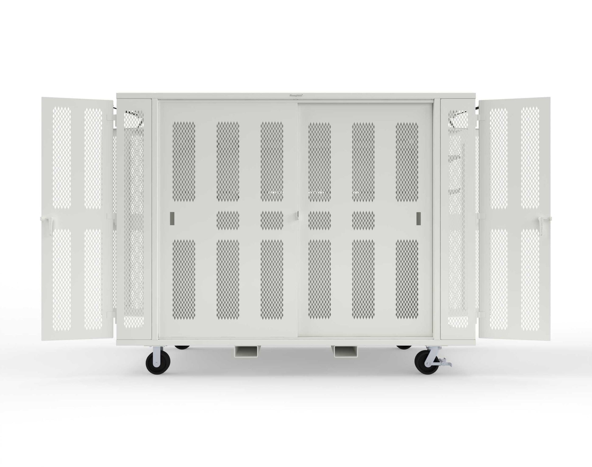 Extreme Duty Mobile Rigging Cabinet with 2 sets of 2 Ventilated Sliding Doors and 2 sets of 2 Ventilated Swing Doors with Short and Long Hangers  - 122 in. W x 50 in. D x 100 in. H - 10.27.6-4V-500-2SLD-2ED-40SH-16LH-FLP-CA-9003