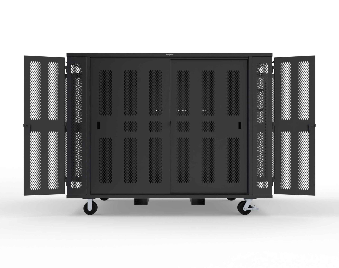 Extreme Duty Mobile Rigging Cabinet with 2 sets of 2 Ventilated Sliding Doors and 2 sets of 2 Ventilated Swing Doors with Short and Long Hangers  - 122 in. W x 50 in. D x 100 in. H - 10.27.6-4V-500-2SLD-2ED-40SH-16LH-FLP-CA-9005