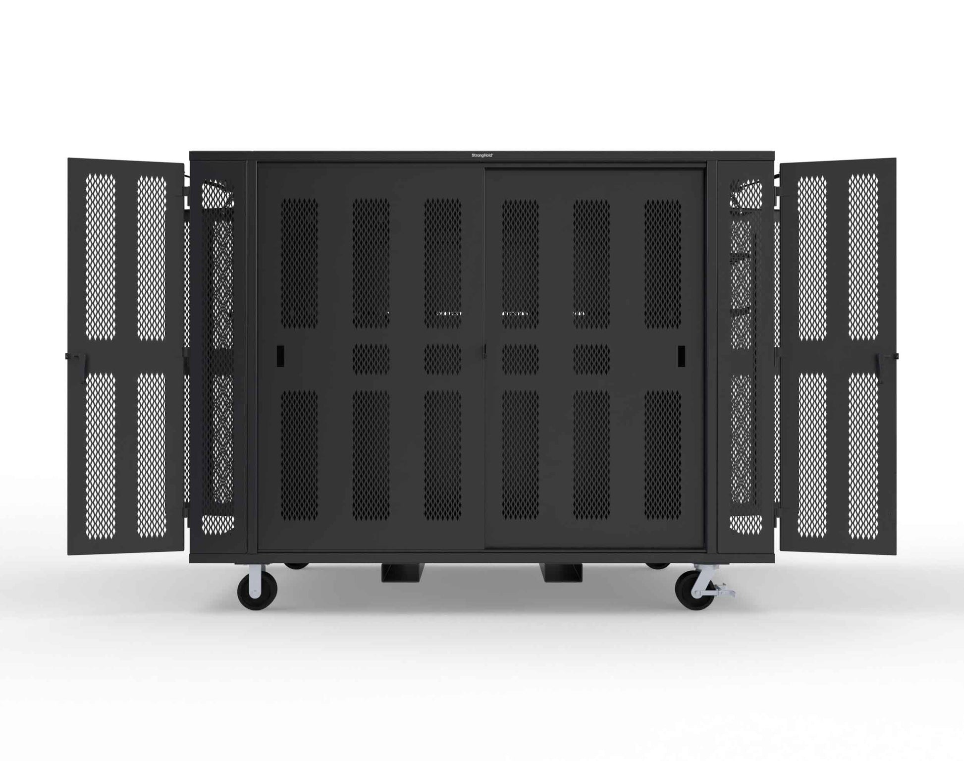 Extreme Duty Mobile Rigging Cabinet with 2 sets of 2 Ventilated Sliding Doors and 2 sets of 2 Ventilated Swing Doors with Short and Long Hangers  - 122 in. W x 50 in. D x 100 in. H - 10.27.6-4V-500-2SLD-2ED-40SH-16LH-FLP-CA-9005