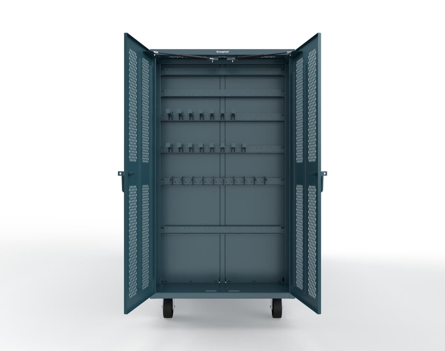 Extreme Duty Mobile Rigging Cabinet with 2 sets of 2 Ventilated Sliding Doors and 2 sets of 2 Ventilated Swing Doors with Short and Long Hangers  - 122 in. W x 50 in. D x 100 in. H - 10.27.6-4V-500-2SLD-2ED-40SH-16LH-FLP-CA-5001