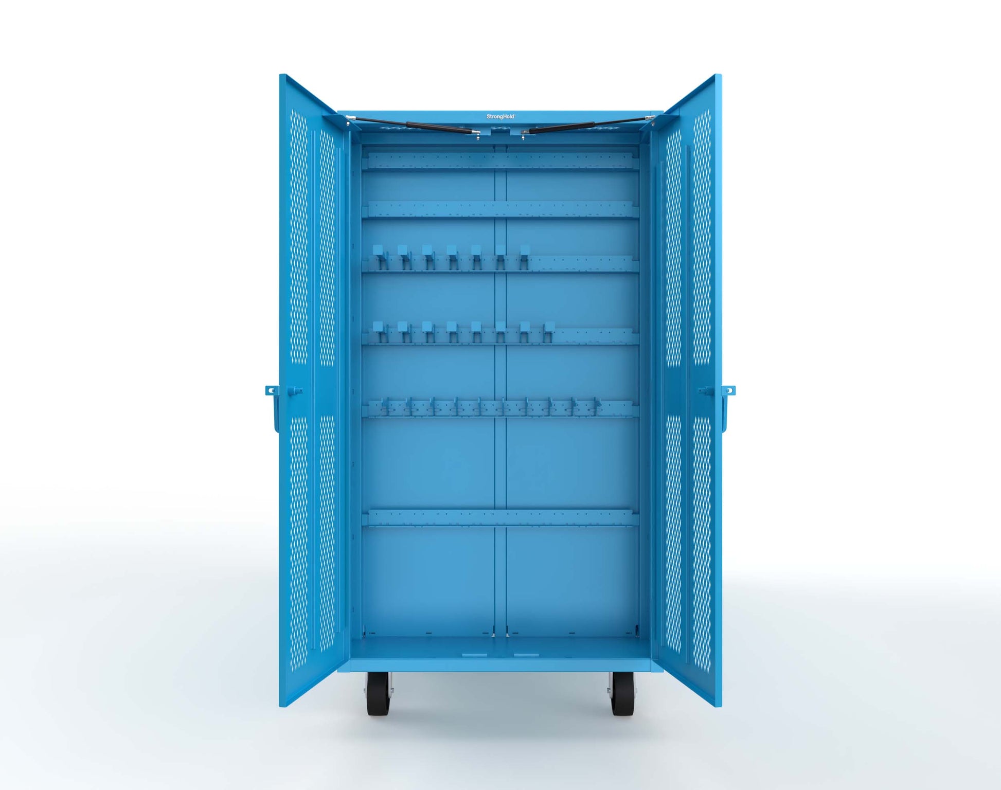Extreme Duty Mobile Rigging Cabinet with 2 sets of 2 Ventilated Sliding Doors and 2 sets of 2 Ventilated Swing Doors with Short and Long Hangers  - 122 in. W x 50 in. D x 100 in. H - 10.27.6-4V-500-2SLD-2ED-40SH-16LH-FLP-CA-5012