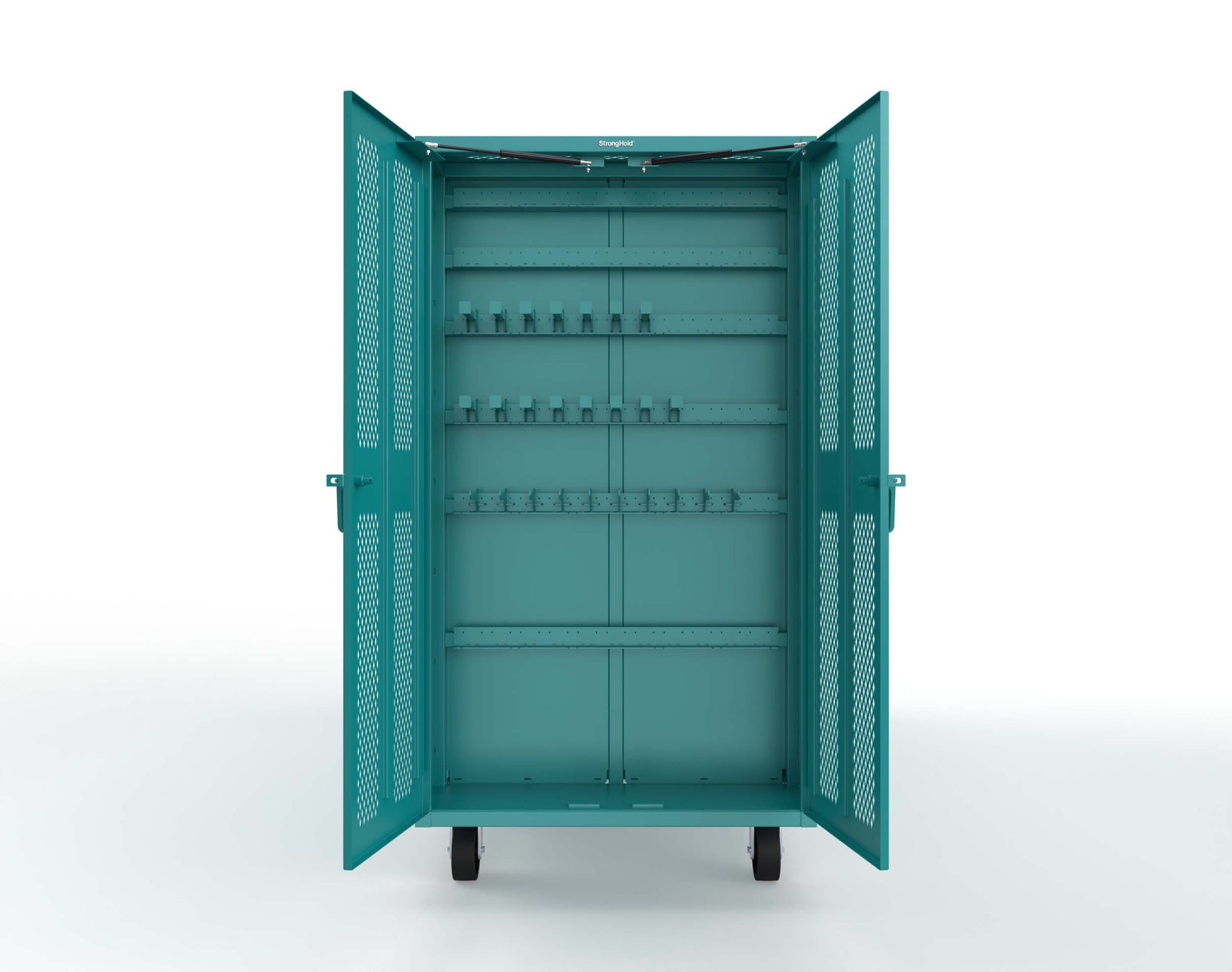 Extreme Duty Mobile Rigging Cabinet with 2 sets of 2 Ventilated Sliding Doors and 2 sets of 2 Ventilated Swing Doors with Short and Long Hangers  - 122 in. W x 50 in. D x 100 in. H - 10.27.6-4V-500-2SLD-2ED-40SH-16LH-FLP-CA-5021