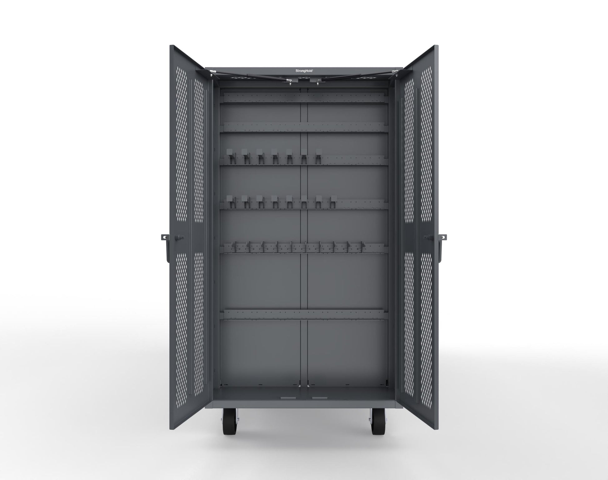 Extreme Duty Mobile Rigging Cabinet with 2 sets of 2 Ventilated Sliding Doors and 2 sets of 2 Ventilated Swing Doors with Short and Long Hangers  - 122 in. W x 50 in. D x 100 in. H - 10.27.6-4V-500-2SLD-2ED-40SH-16LH-FLP-CA-7024
