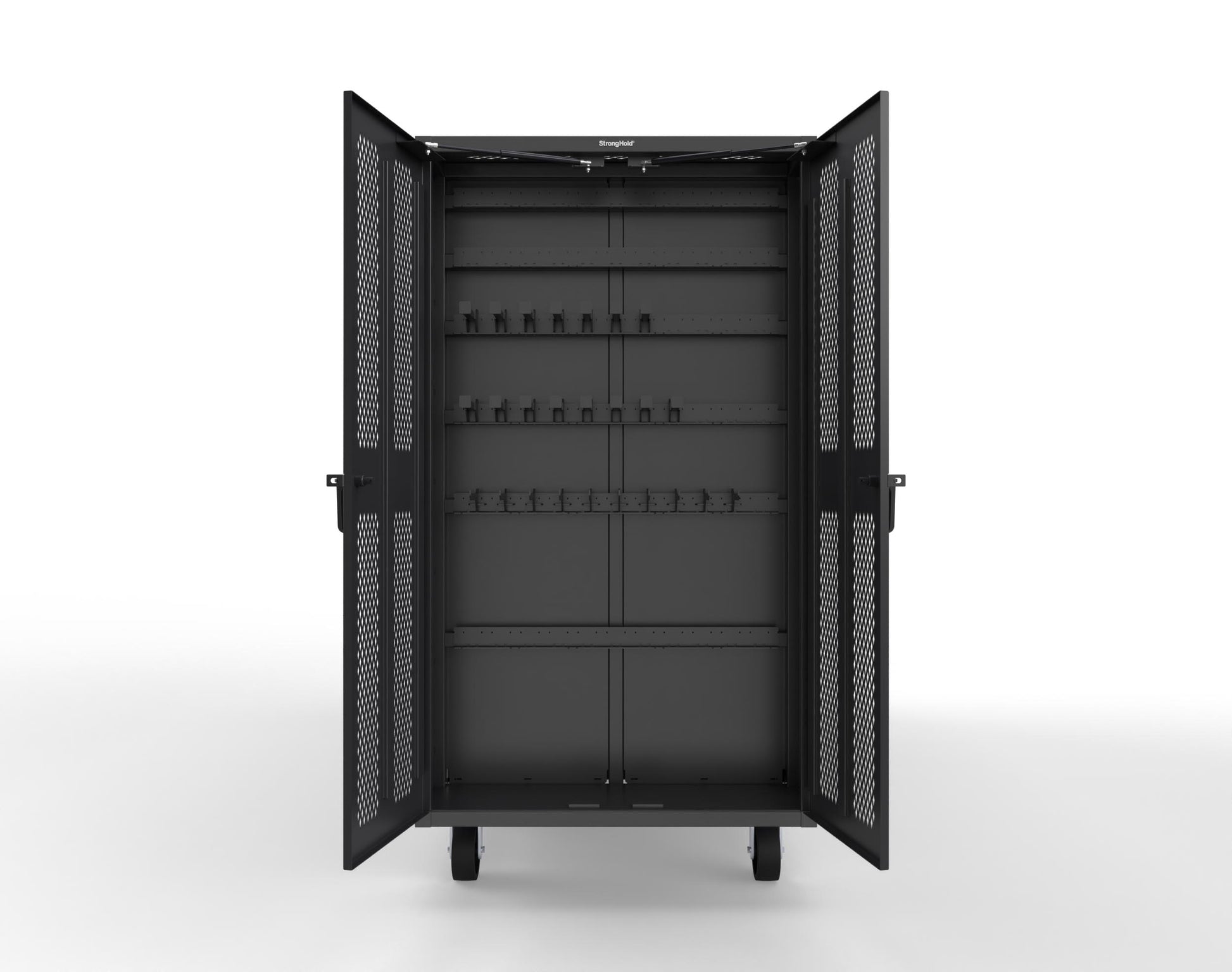 Extreme Duty Mobile Rigging Cabinet with 2 sets of 2 Ventilated Sliding Doors and 2 sets of 2 Ventilated Swing Doors with Short and Long Hangers  - 122 in. W x 50 in. D x 100 in. H - 10.27.6-4V-500-2SLD-2ED-40SH-16LH-FLP-CA-9005