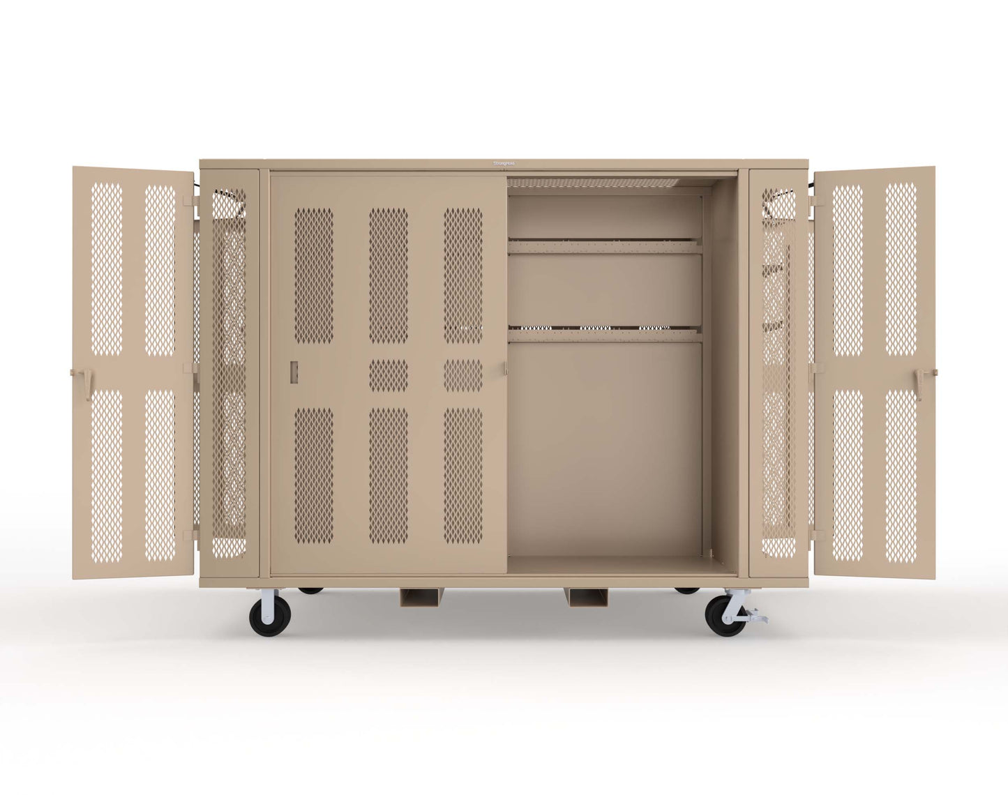 Extreme Duty Mobile Rigging Cabinet with 2 sets of 2 Ventilated Sliding Doors and 2 sets of 2 Ventilated Swing Doors with Short and Long Hangers  - 122 in. W x 50 in. D x 100 in. H - 10.27.6-4V-500-2SLD-2ED-40SH-16LH-FLP-CA-1019