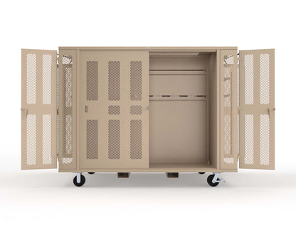 Extreme Duty Mobile Rigging Cabinet with 2 sets of 2 Ventilated Sliding Doors and 2 sets of 2 Ventilated Swing Doors with Short and Long Hangers  - 122 in. W x 50 in. D x 100 in. H - 10.27.6-4V-500-2SLD-2ED-40SH-16LH-FLP-CA-1019