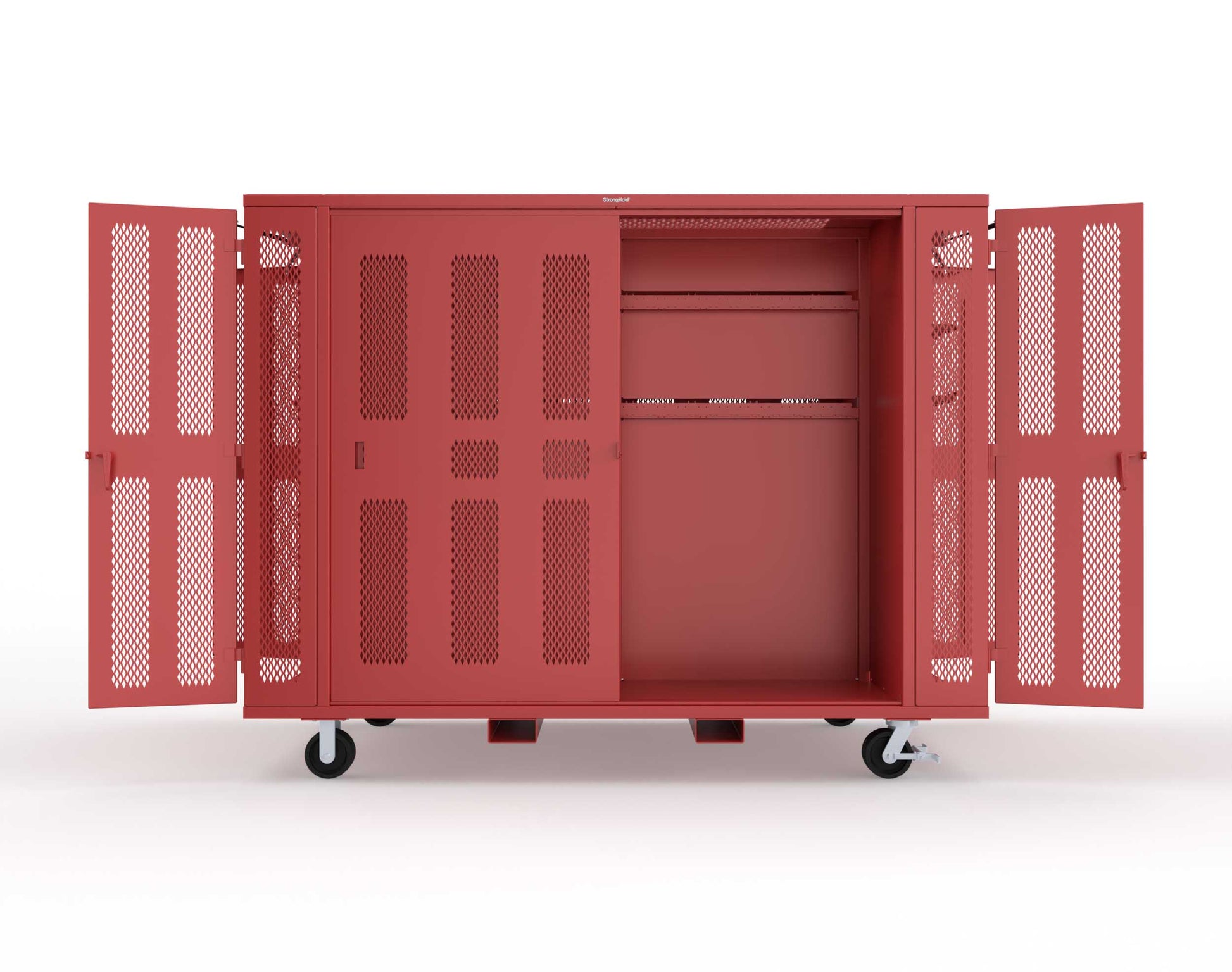 Extreme Duty Mobile Rigging Cabinet with 2 sets of 2 Ventilated Sliding Doors and 2 sets of 2 Ventilated Swing Doors with Short and Long Hangers  - 122 in. W x 50 in. D x 100 in. H - 10.27.6-4V-500-2SLD-2ED-40SH-16LH-FLP-CA-3001