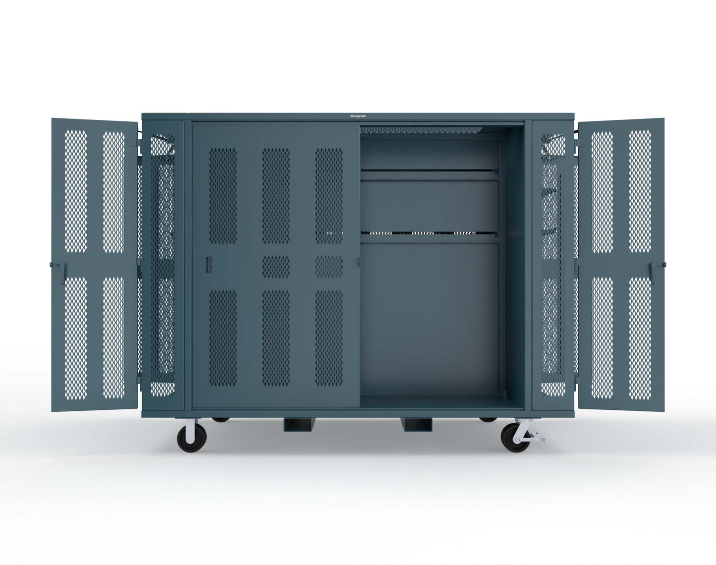 Extreme Duty Mobile Rigging Cabinet with 2 sets of 2 Ventilated Sliding Doors and 2 sets of 2 Ventilated Swing Doors with Short and Long Hangers  - 122 in. W x 50 in. D x 100 in. H - 10.27.6-4V-500-2SLD-2ED-40SH-16LH-FLP-CA-5001