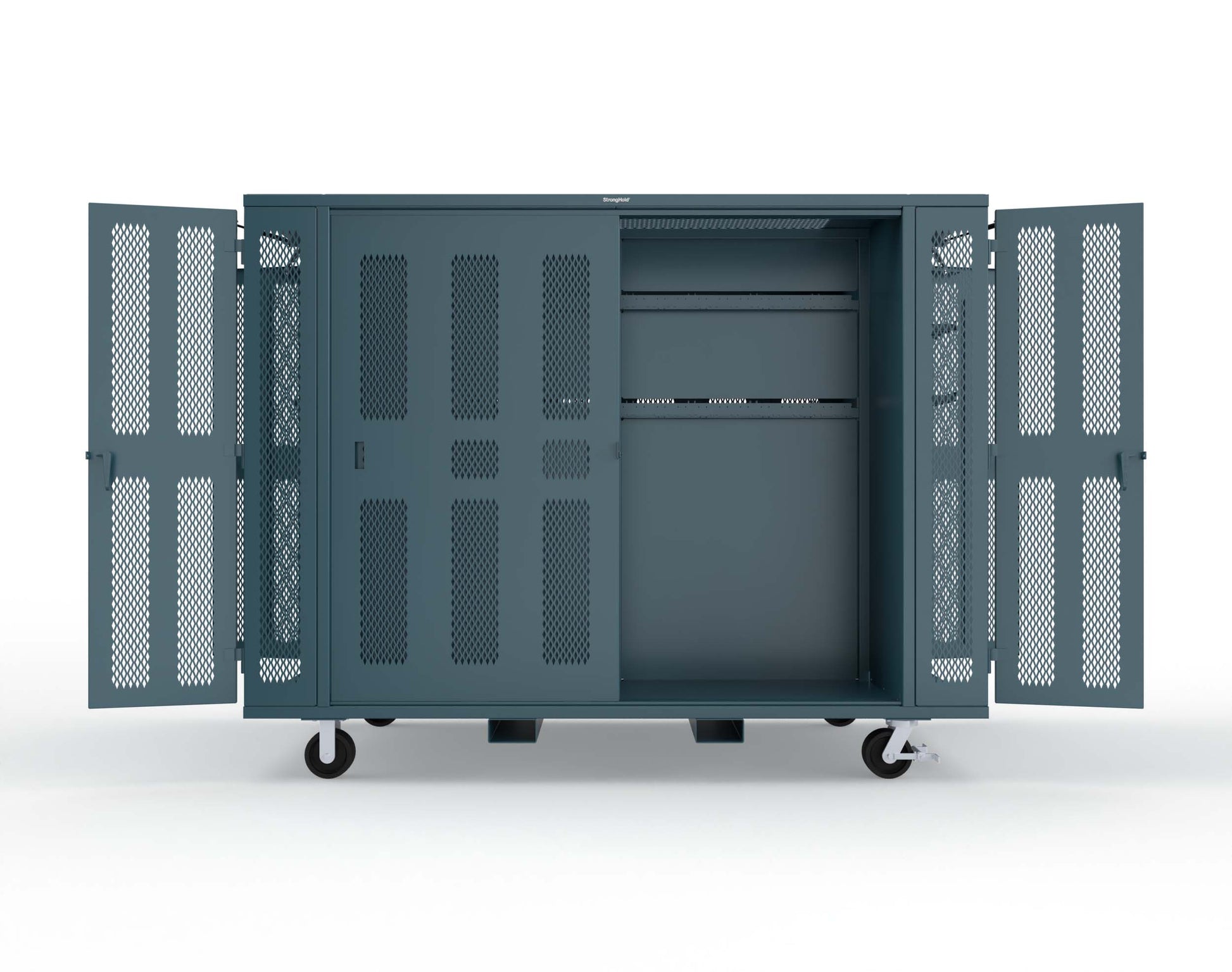 Extreme Duty Mobile Rigging Cabinet with 2 sets of 2 Ventilated Sliding Doors and 2 sets of 2 Ventilated Swing Doors with Short and Long Hangers  - 122 in. W x 50 in. D x 100 in. H - 10.27.6-4V-500-2SLD-2ED-40SH-16LH-FLP-CA-5001