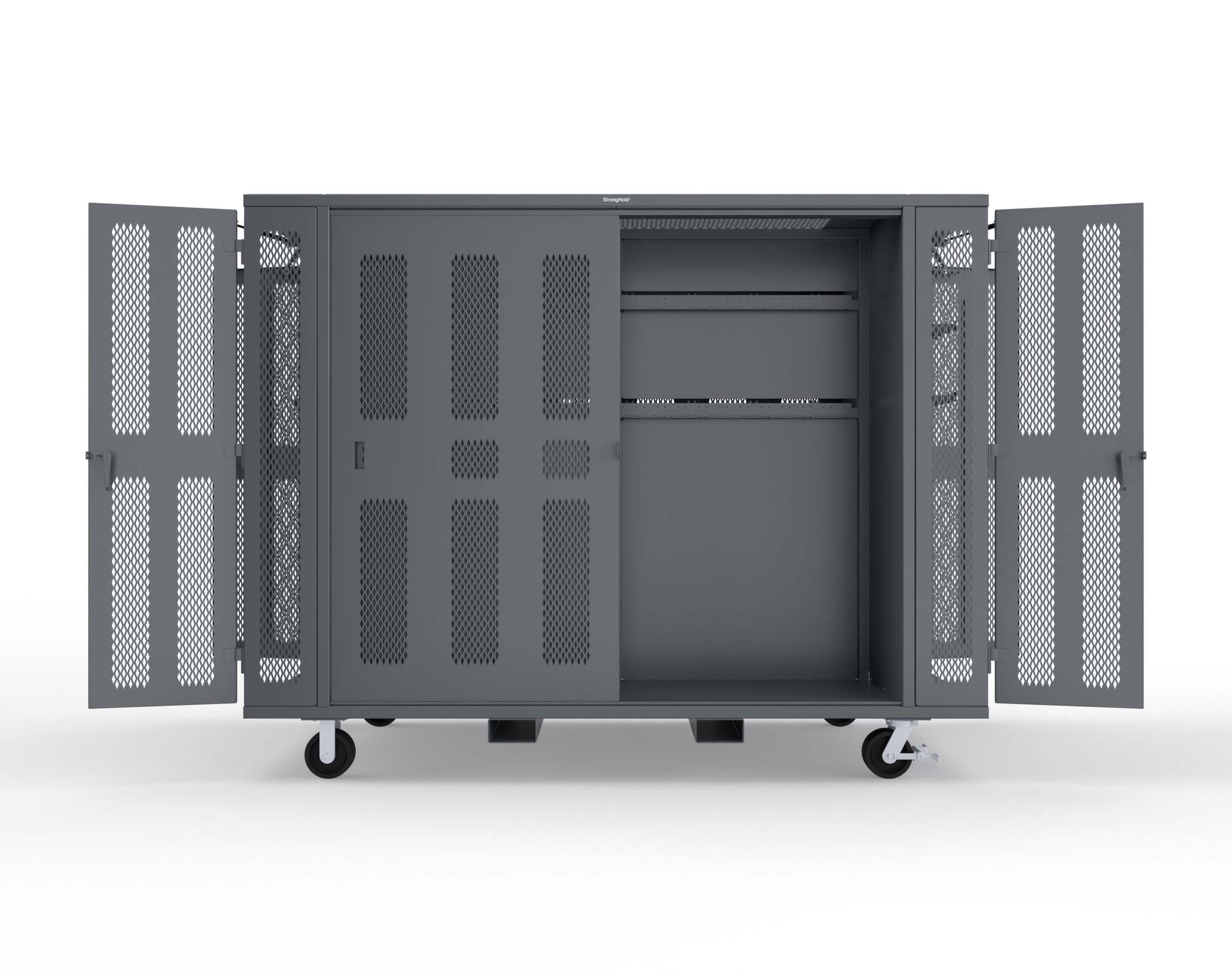 Extreme Duty Mobile Rigging Cabinet with 2 sets of 2 Ventilated Sliding Doors and 2 sets of 2 Ventilated Swing Doors with Short and Long Hangers  - 122 in. W x 50 in. D x 100 in. H - 10.27.6-4V-500-2SLD-2ED-40SH-16LH-FLP-CA-7024