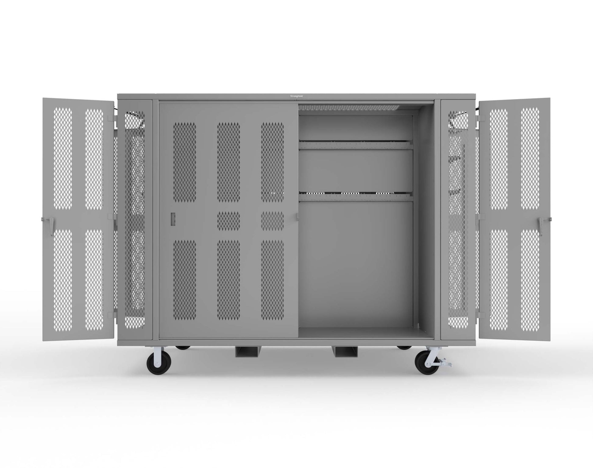 Extreme Duty Mobile Rigging Cabinet with 2 sets of 2 Ventilated Sliding Doors and 2 sets of 2 Ventilated Swing Doors with Short and Long Hangers  - 122 in. W x 50 in. D x 100 in. H - 10.27.6-4V-500-2SLD-2ED-40SH-16LH-FLP-CA-7037