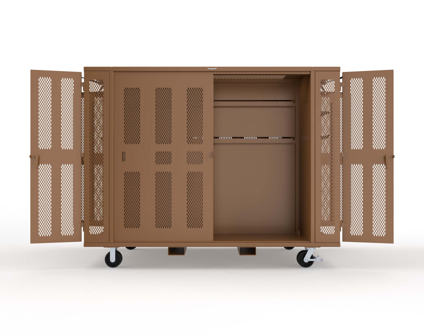 Extreme Duty Mobile Rigging Cabinet with 2 sets of 2 Ventilated Sliding Doors and 2 sets of 2 Ventilated Swing Doors with Short and Long Hangers  - 122 in. W x 50 in. D x 100 in. H - 10.27.6-4V-500-2SLD-2ED-40SH-16LH-FLP-CA-8008
