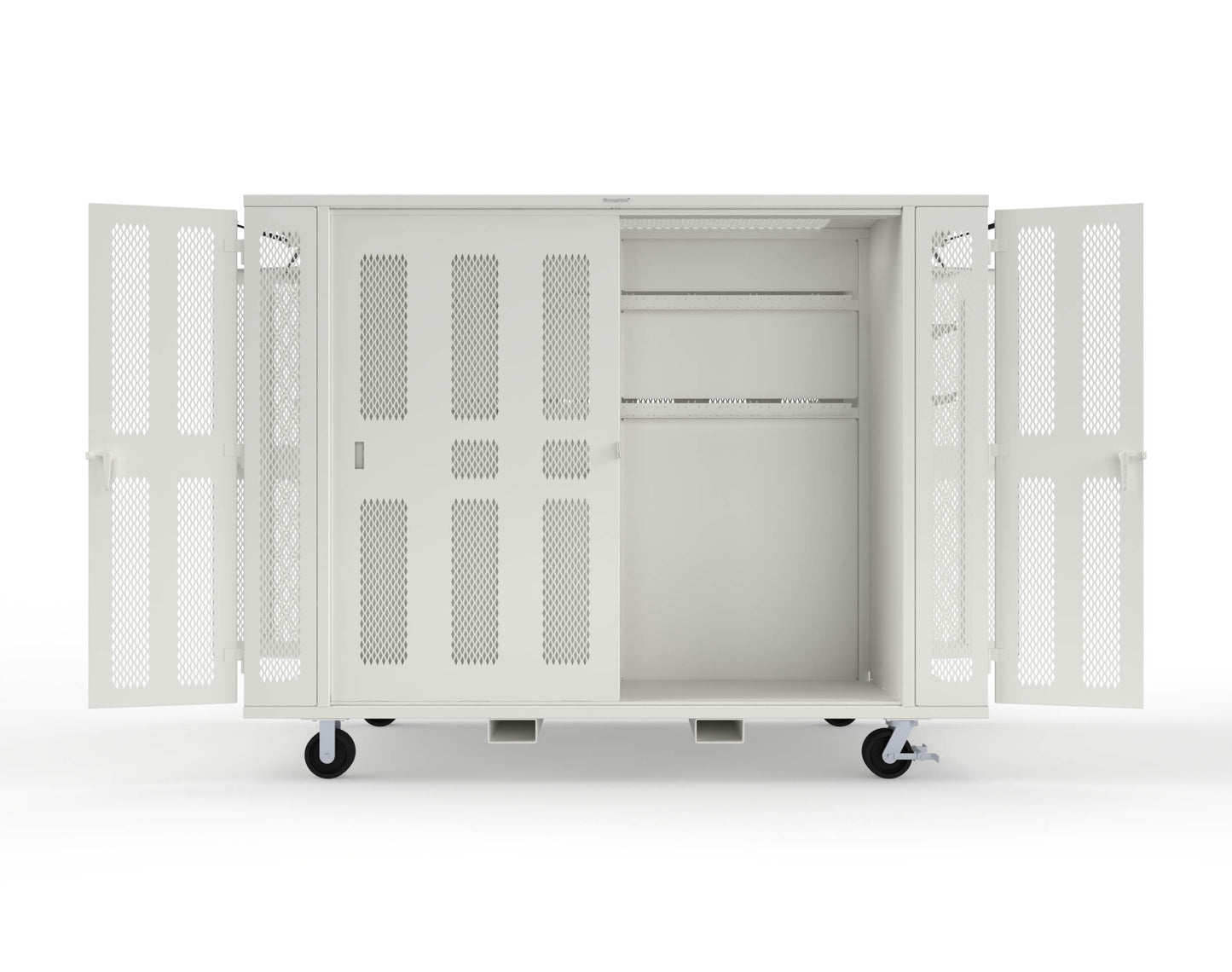 Extreme Duty Mobile Rigging Cabinet with 2 sets of 2 Ventilated Sliding Doors and 2 sets of 2 Ventilated Swing Doors with Short and Long Hangers  - 122 in. W x 50 in. D x 100 in. H - 10.27.6-4V-500-2SLD-2ED-40SH-16LH-FLP-CA-9003
