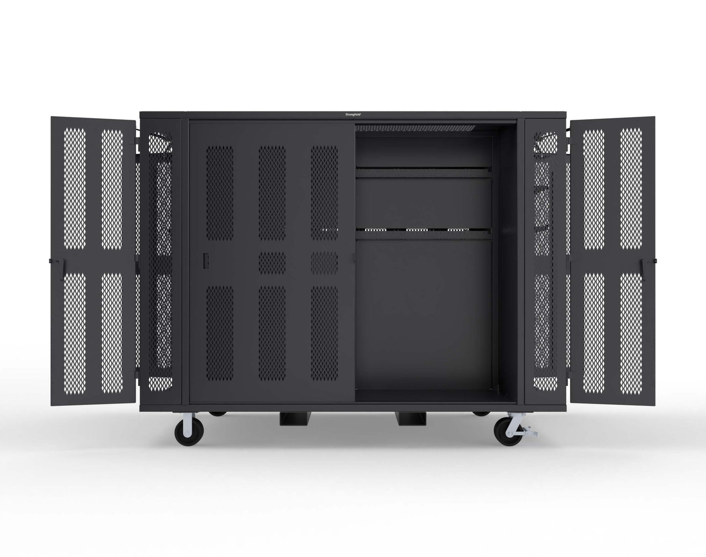 Extreme Duty Mobile Rigging Cabinet with 2 sets of 2 Ventilated Sliding Doors and 2 sets of 2 Ventilated Swing Doors with Short and Long Hangers  - 122 in. W x 50 in. D x 100 in. H - 10.27.6-4V-500-2SLD-2ED-40SH-16LH-FLP-CA-9005