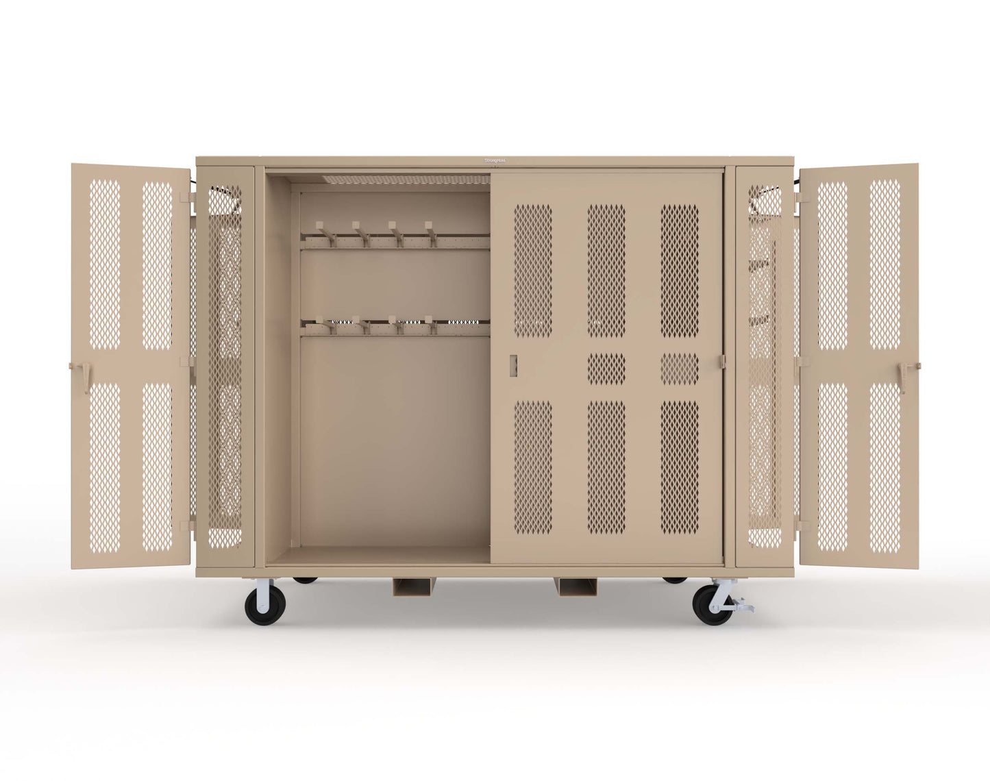 Extreme Duty Mobile Rigging Cabinet with 2 sets of 2 Ventilated Sliding Doors and 2 sets of 2 Ventilated Swing Doors with Short and Long Hangers  - 122 in. W x 50 in. D x 100 in. H - 10.27.6-4V-500-2SLD-2ED-40SH-16LH-FLP-CA-1019