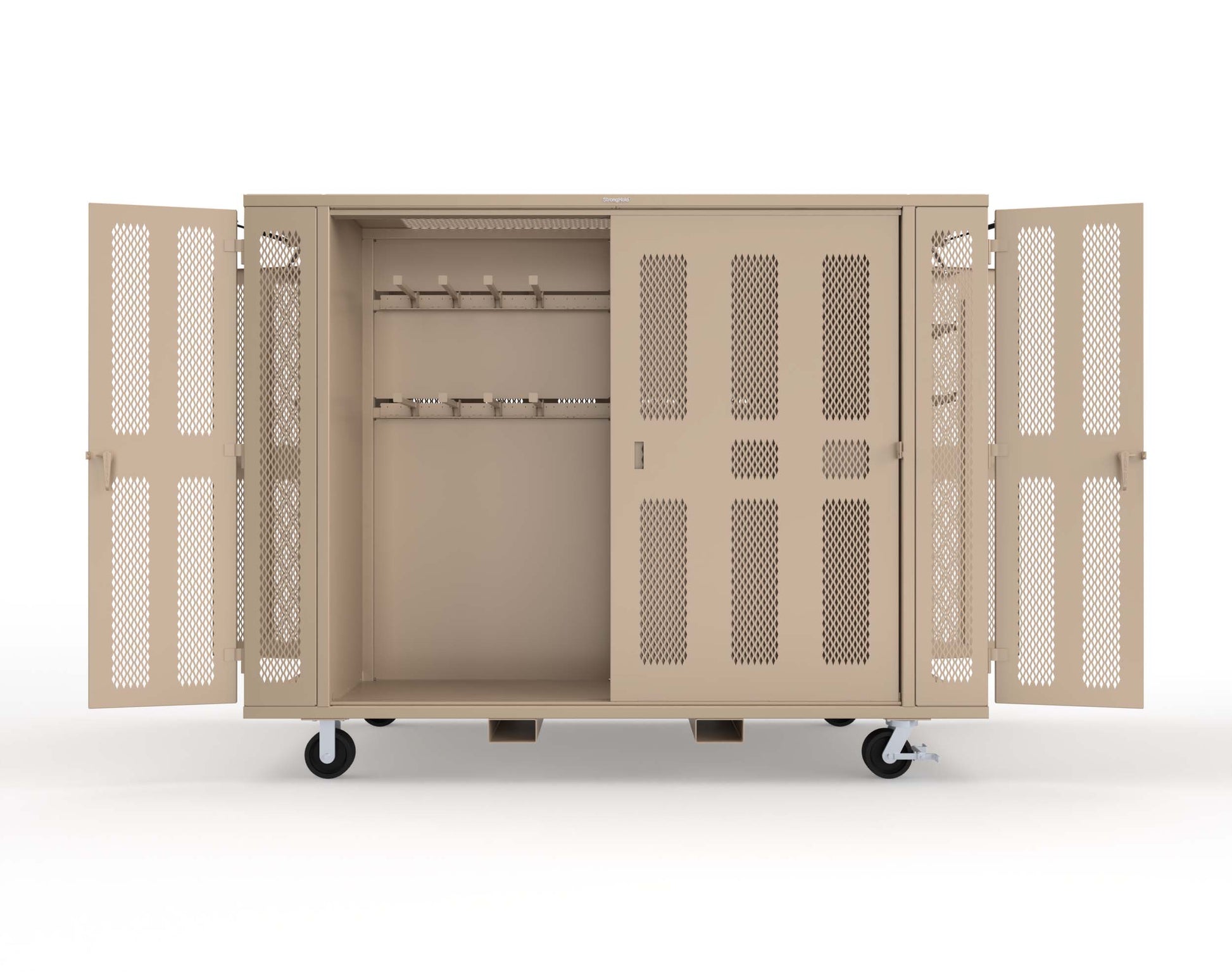 Extreme Duty Mobile Rigging Cabinet with 2 sets of 2 Ventilated Sliding Doors and 2 sets of 2 Ventilated Swing Doors with Short and Long Hangers  - 122 in. W x 50 in. D x 100 in. H - 10.27.6-4V-500-2SLD-2ED-40SH-16LH-FLP-CA-1019
