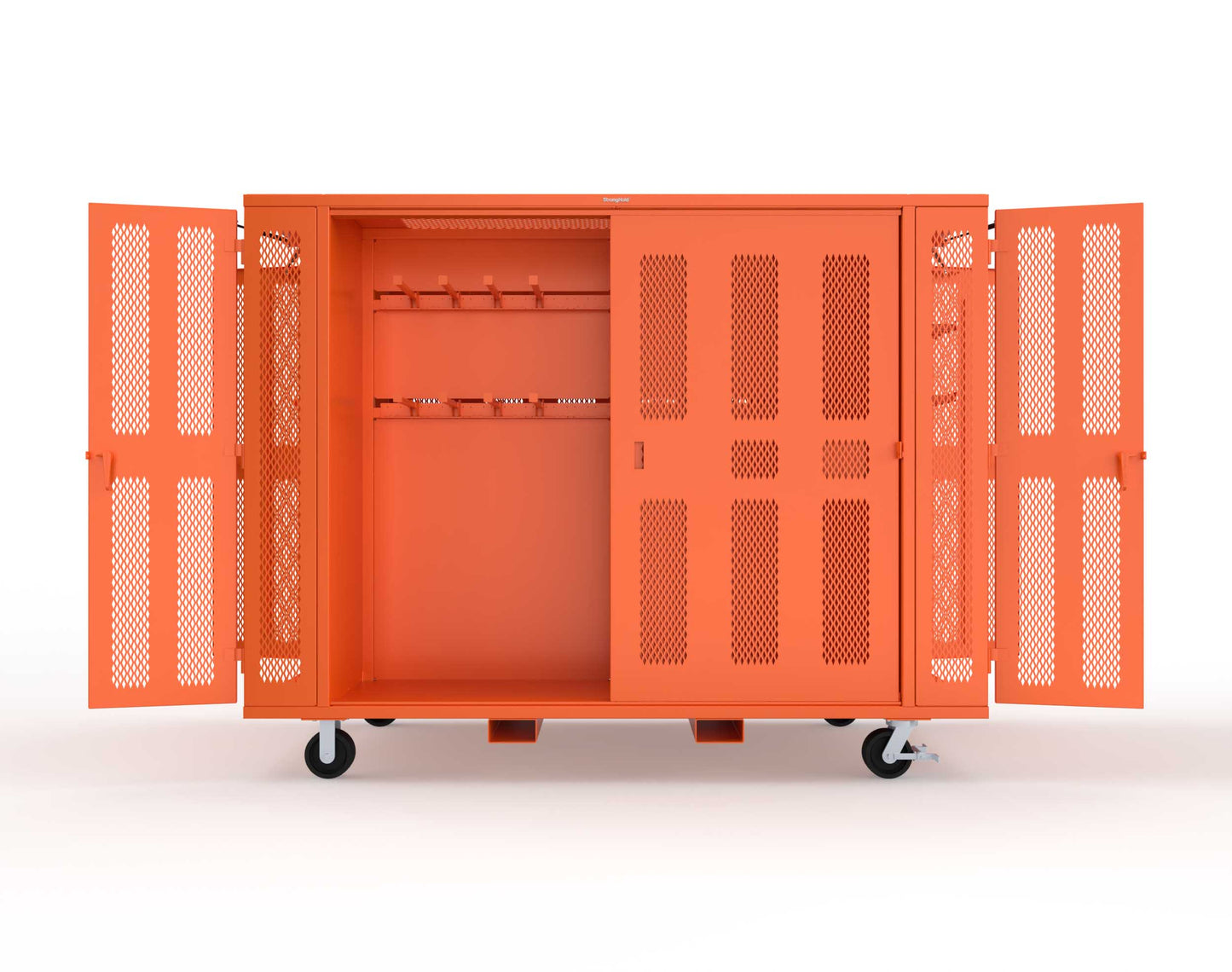 Extreme Duty Mobile Rigging Cabinet with 2 sets of 2 Ventilated Sliding Doors and 2 sets of 2 Ventilated Swing Doors with Short and Long Hangers  - 122 in. W x 50 in. D x 100 in. H