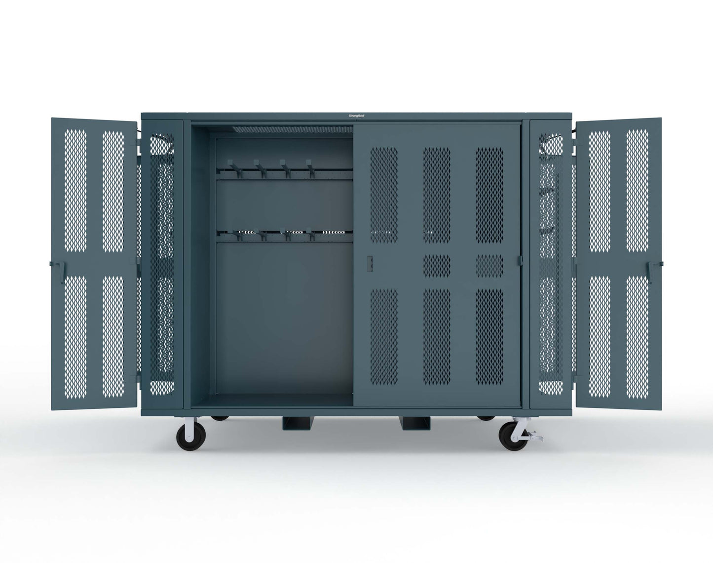 Extreme Duty Mobile Rigging Cabinet with 2 sets of 2 Ventilated Sliding Doors and 2 sets of 2 Ventilated Swing Doors with Short and Long Hangers  - 122 in. W x 50 in. D x 100 in. H - 10.27.6-4V-500-2SLD-2ED-40SH-16LH-FLP-CA-5001