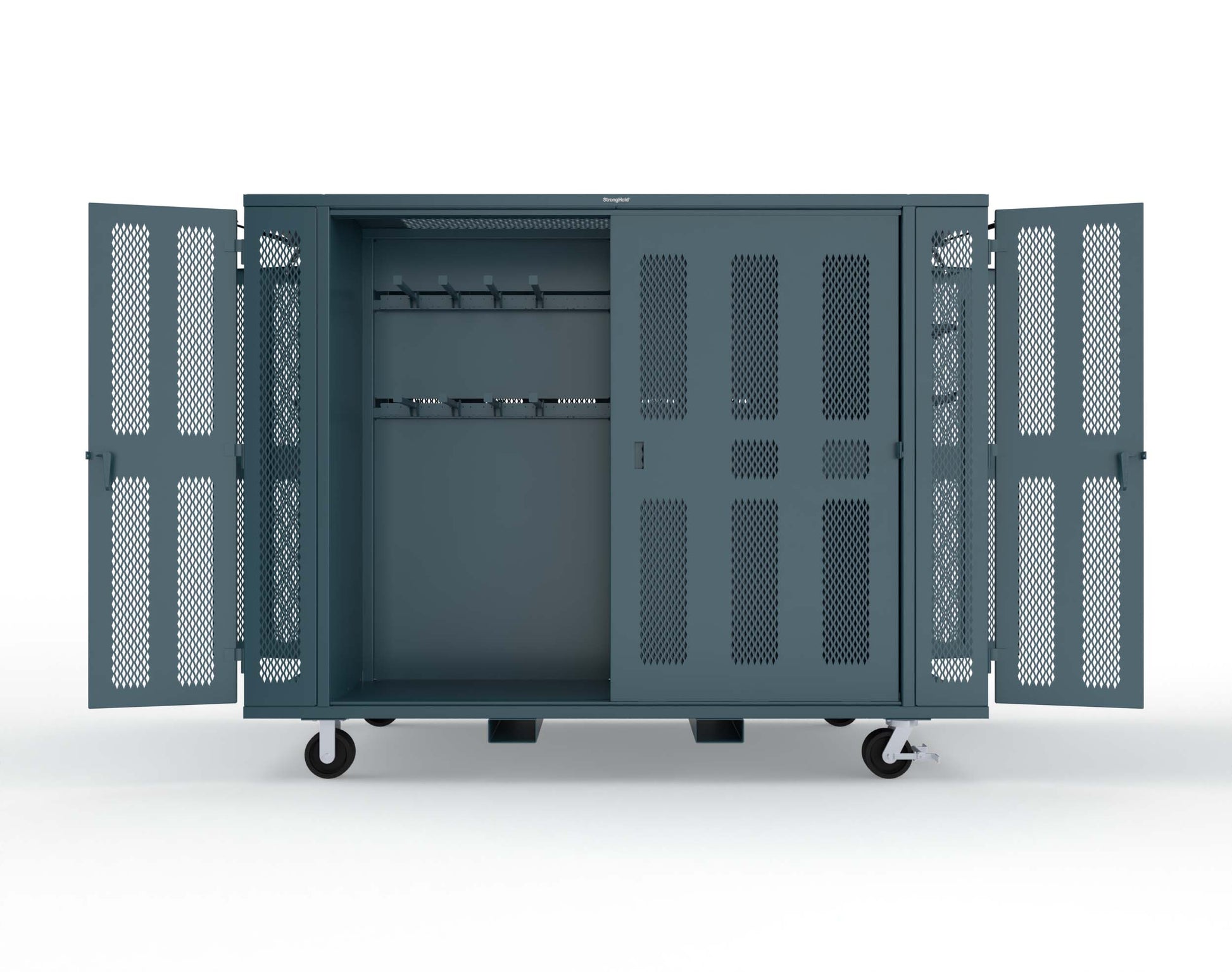 Extreme Duty Mobile Rigging Cabinet with 2 sets of 2 Ventilated Sliding Doors and 2 sets of 2 Ventilated Swing Doors with Short and Long Hangers  - 122 in. W x 50 in. D x 100 in. H - 10.27.6-4V-500-2SLD-2ED-40SH-16LH-FLP-CA-5001