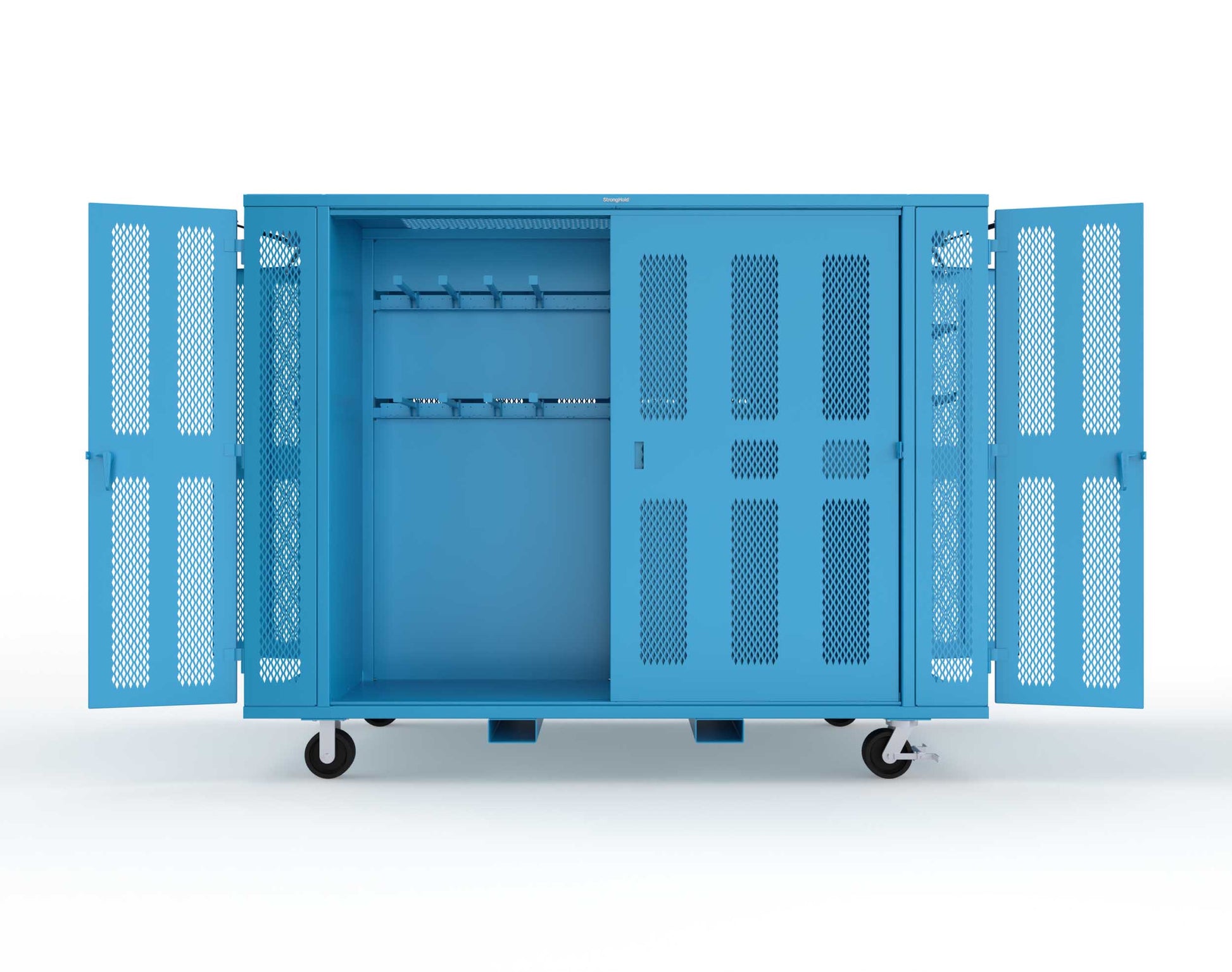 Extreme Duty Mobile Rigging Cabinet with 2 sets of 2 Ventilated Sliding Doors and 2 sets of 2 Ventilated Swing Doors with Short and Long Hangers  - 122 in. W x 50 in. D x 100 in. H - 10.27.6-4V-500-2SLD-2ED-40SH-16LH-FLP-CA-5012