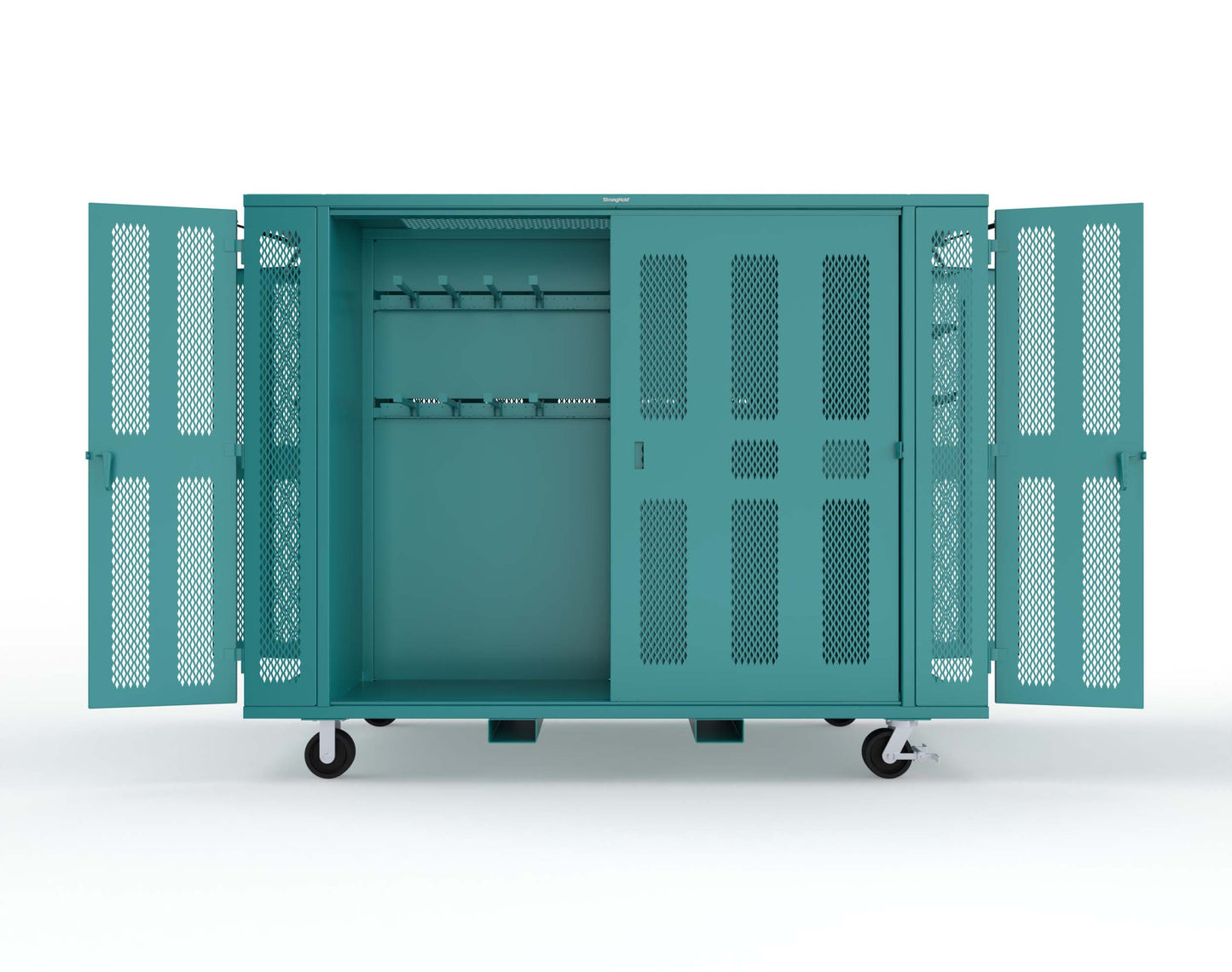 Extreme Duty Mobile Rigging Cabinet with 2 sets of 2 Ventilated Sliding Doors and 2 sets of 2 Ventilated Swing Doors with Short and Long Hangers  - 122 in. W x 50 in. D x 100 in. H - 10.27.6-4V-500-2SLD-2ED-40SH-16LH-FLP-CA-5021