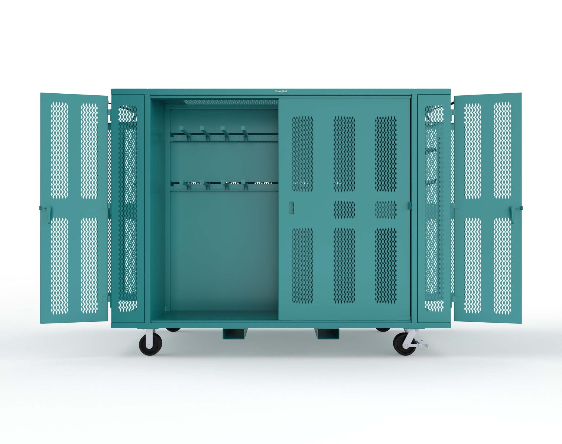 Extreme Duty Mobile Rigging Cabinet with 2 sets of 2 Ventilated Sliding Doors and 2 sets of 2 Ventilated Swing Doors with Short and Long Hangers  - 122 in. W x 50 in. D x 100 in. H - 10.27.6-4V-500-2SLD-2ED-40SH-16LH-FLP-CA-5021