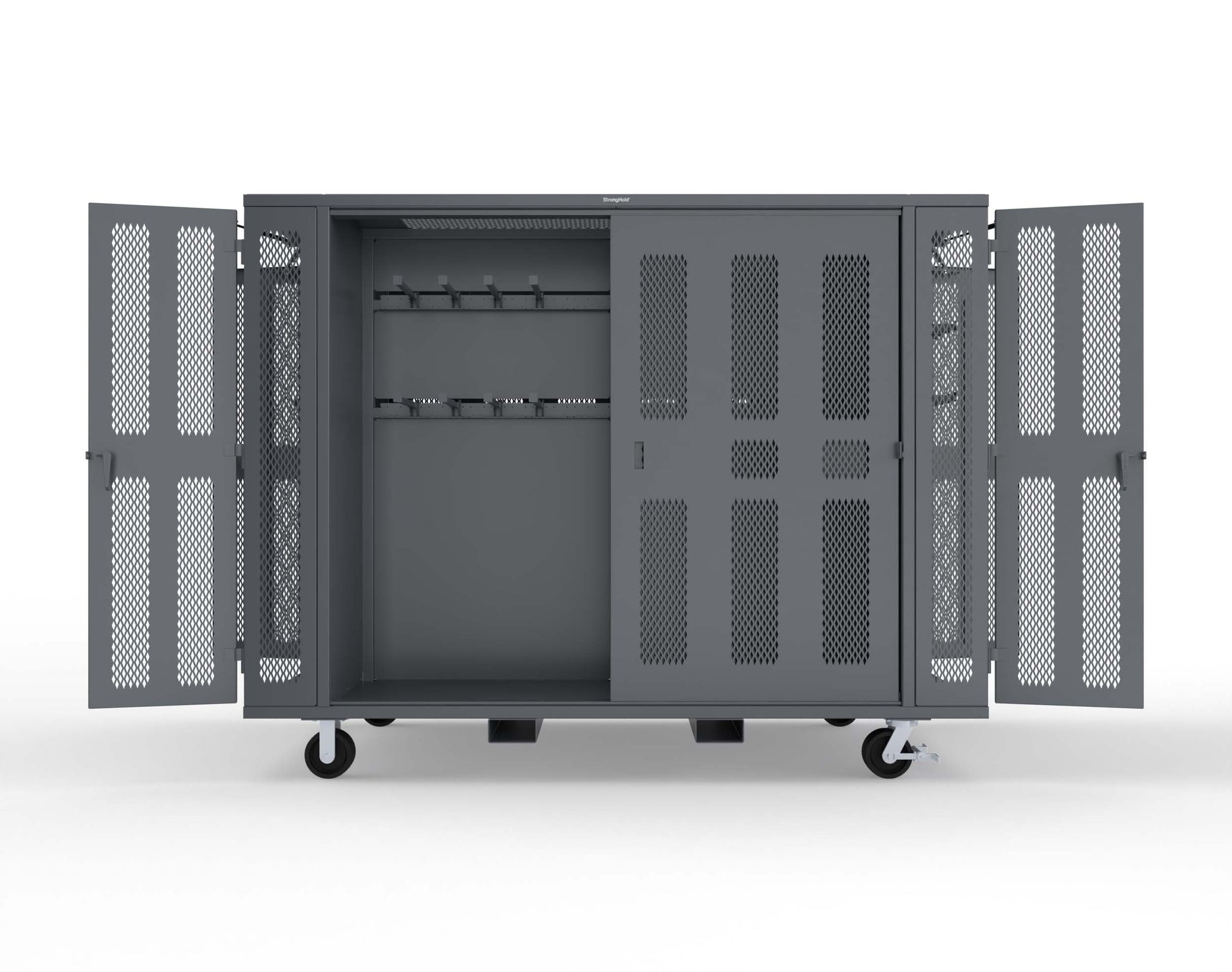 Extreme Duty Mobile Rigging Cabinet with 2 sets of 2 Ventilated Sliding Doors and 2 sets of 2 Ventilated Swing Doors with Short and Long Hangers  - 122 in. W x 50 in. D x 100 in. H - 10.27.6-4V-500-2SLD-2ED-40SH-16LH-FLP-CA-7024