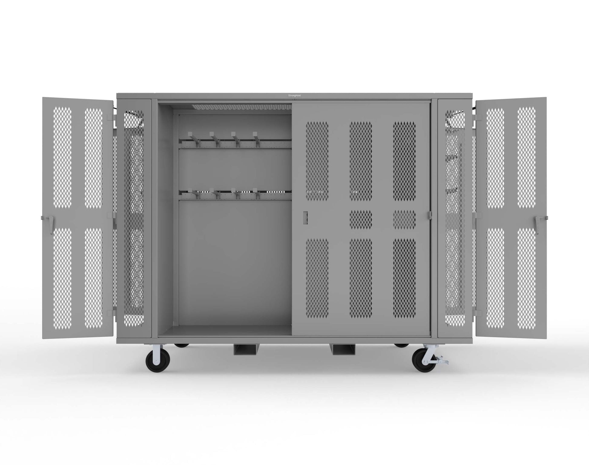 Extreme Duty Mobile Rigging Cabinet with 2 sets of 2 Ventilated Sliding Doors and 2 sets of 2 Ventilated Swing Doors with Short and Long Hangers  - 122 in. W x 50 in. D x 100 in. H - 10.27.6-4V-500-2SLD-2ED-40SH-16LH-FLP-CA-7037