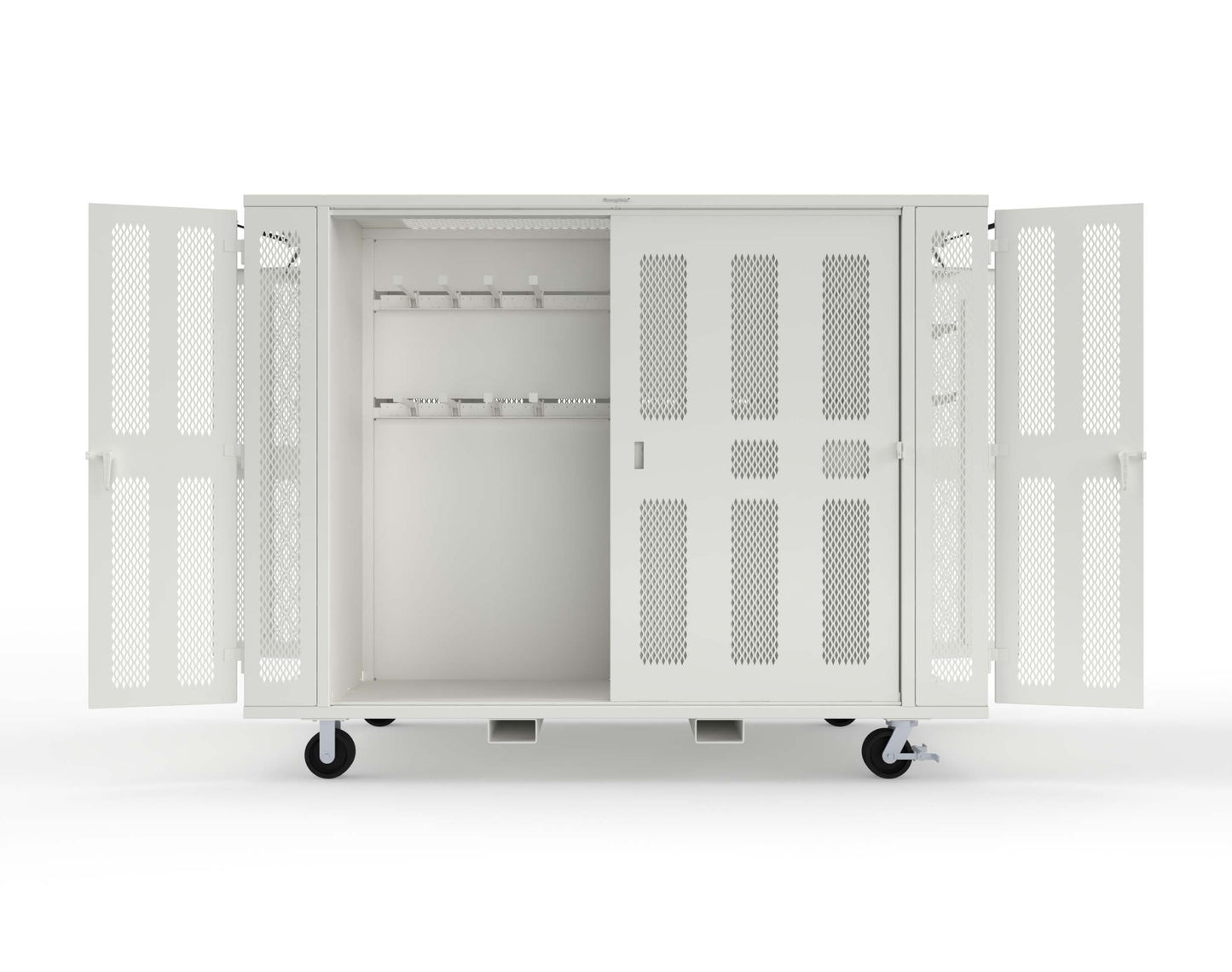 Extreme Duty Mobile Rigging Cabinet with 2 sets of 2 Ventilated Sliding Doors and 2 sets of 2 Ventilated Swing Doors with Short and Long Hangers  - 122 in. W x 50 in. D x 100 in. H - 10.27.6-4V-500-2SLD-2ED-40SH-16LH-FLP-CA-9003