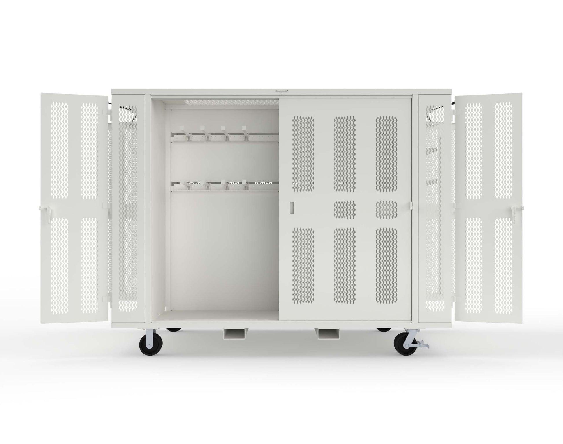 Extreme Duty Mobile Rigging Cabinet with 2 sets of 2 Ventilated Sliding Doors and 2 sets of 2 Ventilated Swing Doors with Short and Long Hangers  - 122 in. W x 50 in. D x 100 in. H - 10.27.6-4V-500-2SLD-2ED-40SH-16LH-FLP-CA-9003