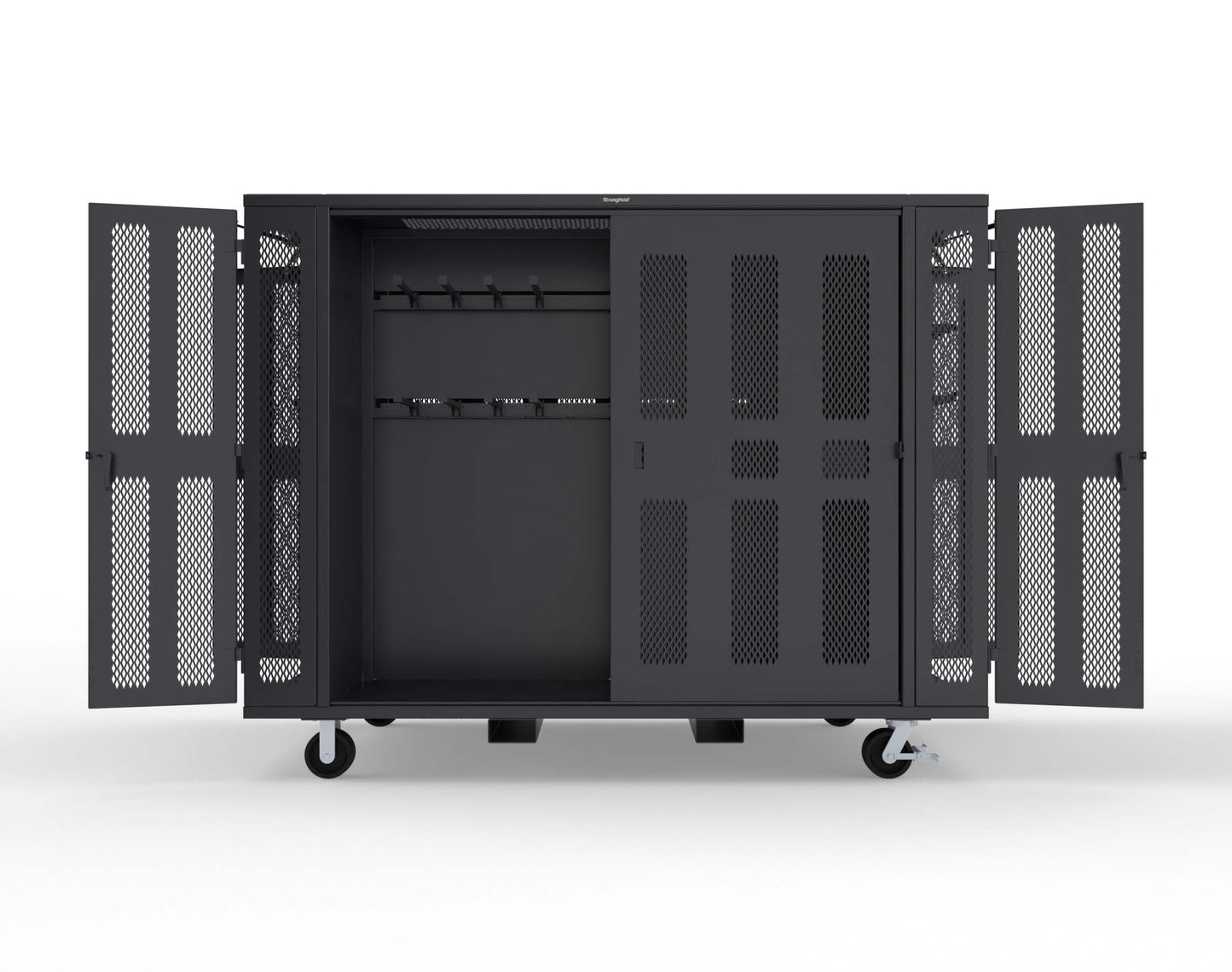 Extreme Duty Mobile Rigging Cabinet with 2 sets of 2 Ventilated Sliding Doors and 2 sets of 2 Ventilated Swing Doors with Short and Long Hangers  - 122 in. W x 50 in. D x 100 in. H - 10.27.6-4V-500-2SLD-2ED-40SH-16LH-FLP-CA-9005