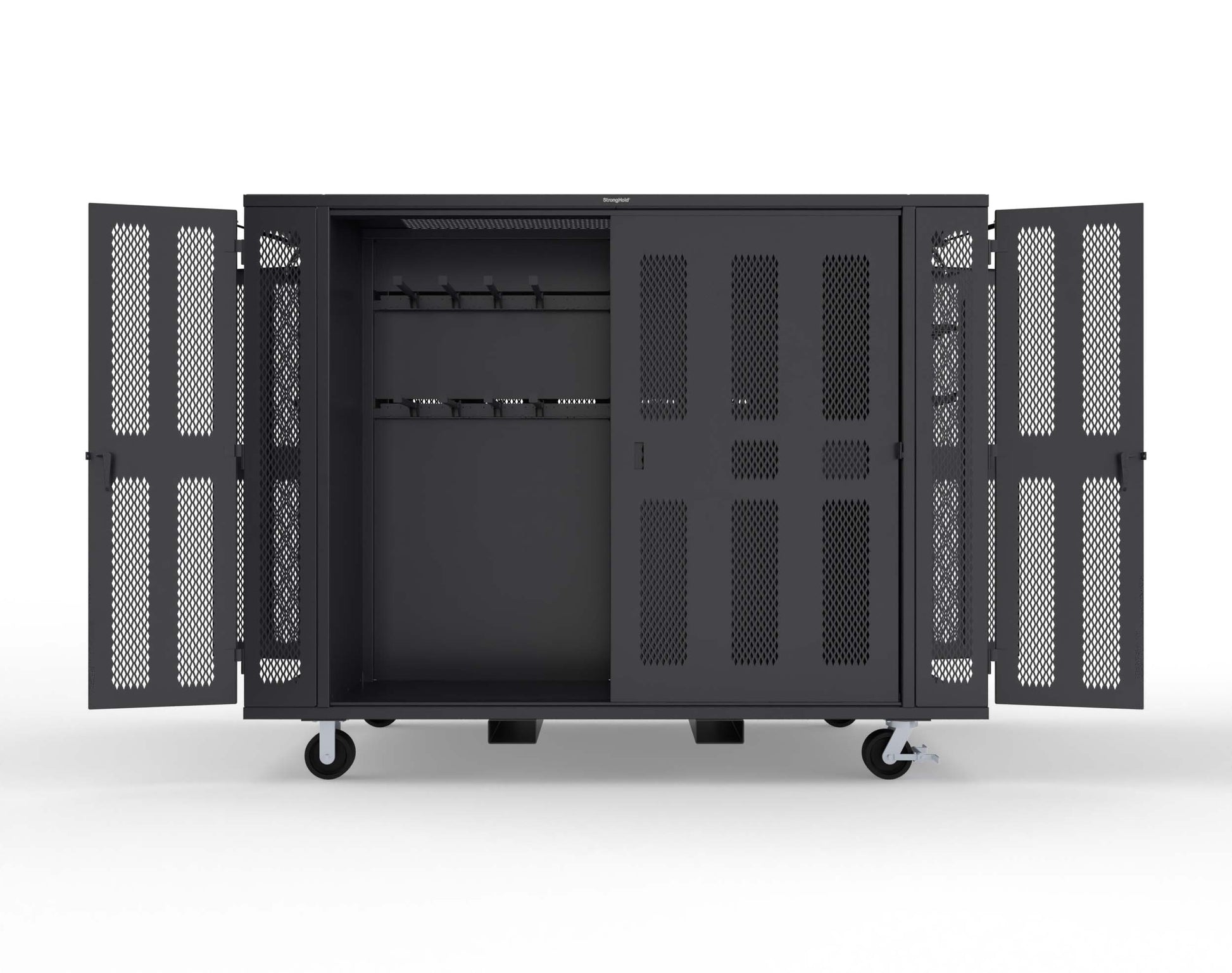 Extreme Duty Mobile Rigging Cabinet with 2 sets of 2 Ventilated Sliding Doors and 2 sets of 2 Ventilated Swing Doors with Short and Long Hangers  - 122 in. W x 50 in. D x 100 in. H - 10.27.6-4V-500-2SLD-2ED-40SH-16LH-FLP-CA-9005
