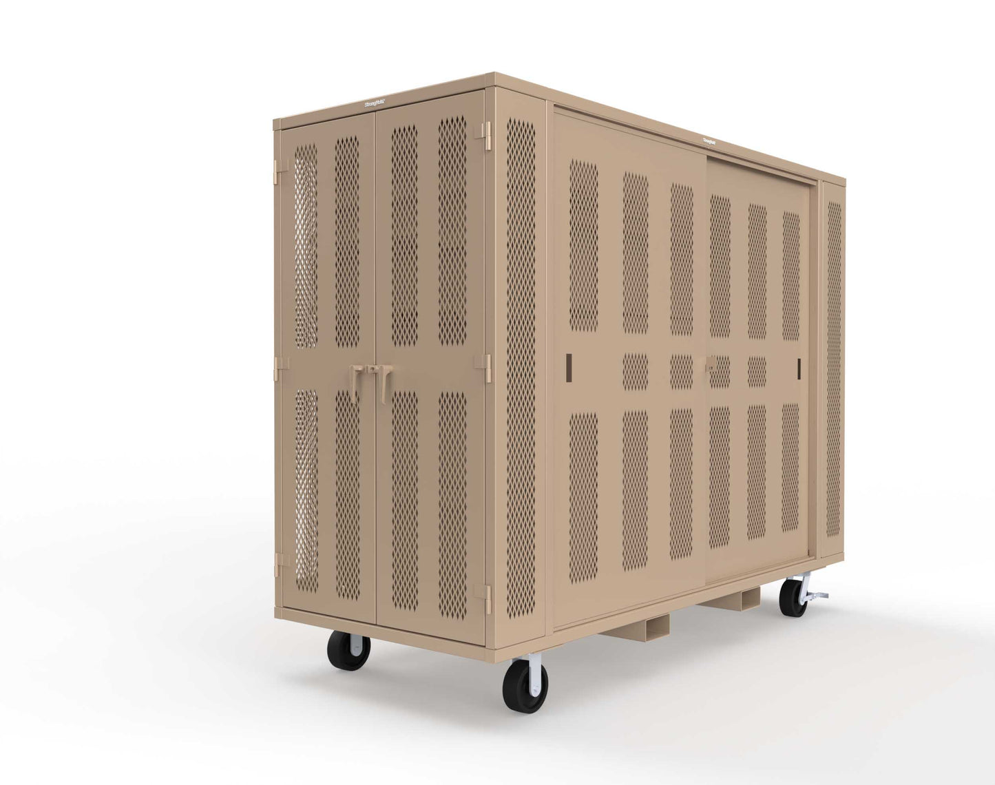 Extreme Duty Mobile Rigging Cabinet with 2 sets of 2 Ventilated Sliding Doors and 2 sets of 2 Ventilated Swing Doors with Short and Long Hangers  - 122 in. W x 50 in. D x 100 in. H - 10.27.6-4V-500-2SLD-2ED-40SH-16LH-FLP-CA-1019