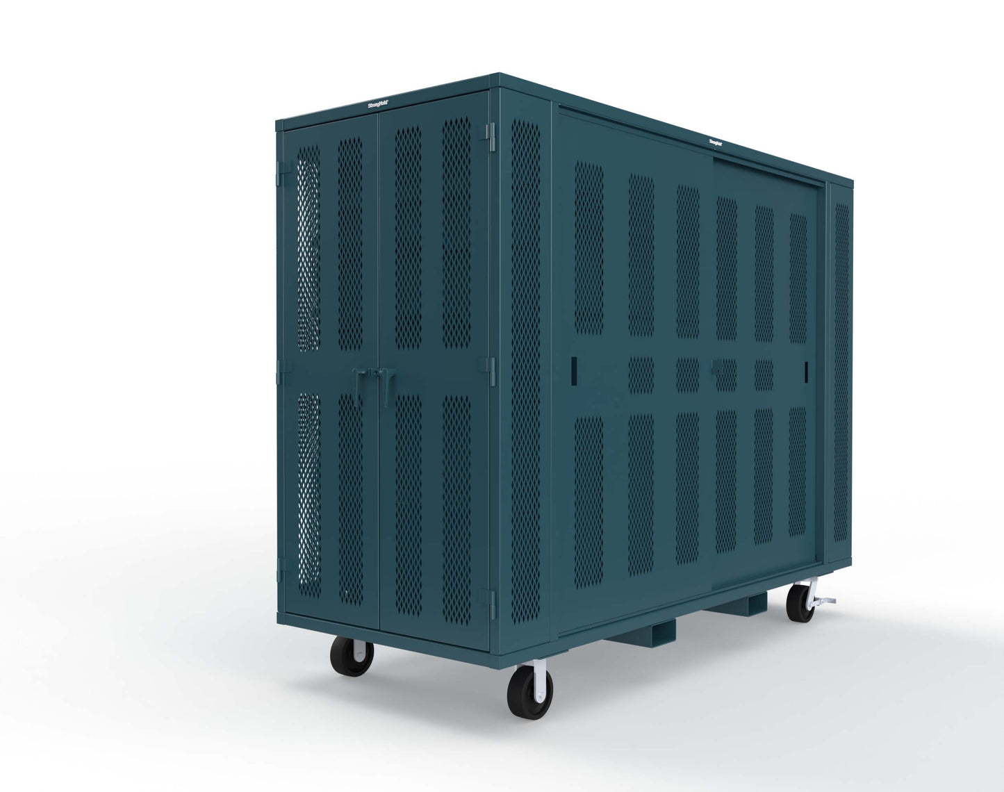 Extreme Duty Mobile Rigging Cabinet with 2 sets of 2 Ventilated Sliding Doors and 2 sets of 2 Ventilated Swing Doors with Short and Long Hangers  - 122 in. W x 50 in. D x 100 in. H - 10.27.6-4V-500-2SLD-2ED-40SH-16LH-FLP-CA-5001