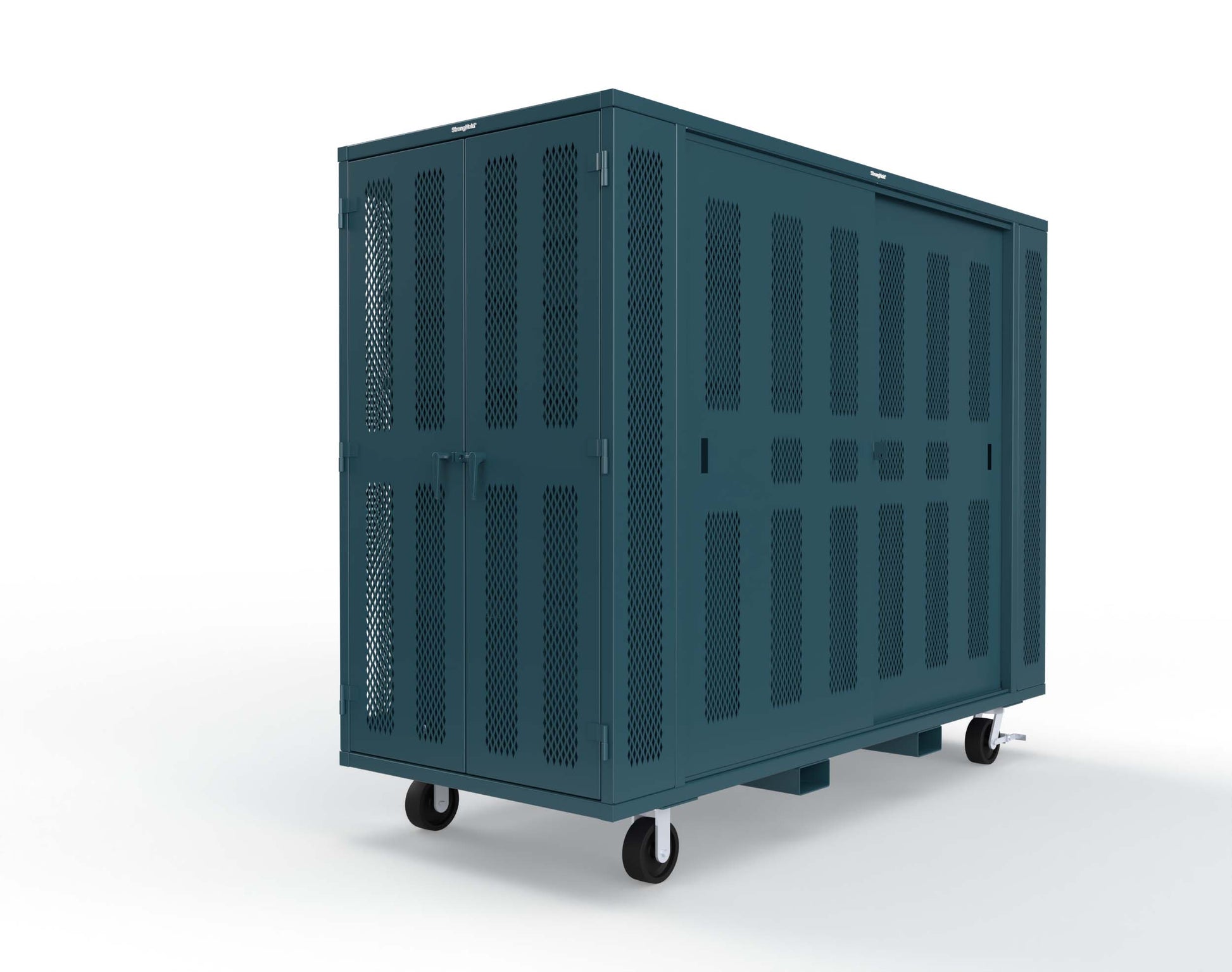 Extreme Duty Mobile Rigging Cabinet with 2 sets of 2 Ventilated Sliding Doors and 2 sets of 2 Ventilated Swing Doors with Short and Long Hangers  - 122 in. W x 50 in. D x 100 in. H - 10.27.6-4V-500-2SLD-2ED-40SH-16LH-FLP-CA-5001