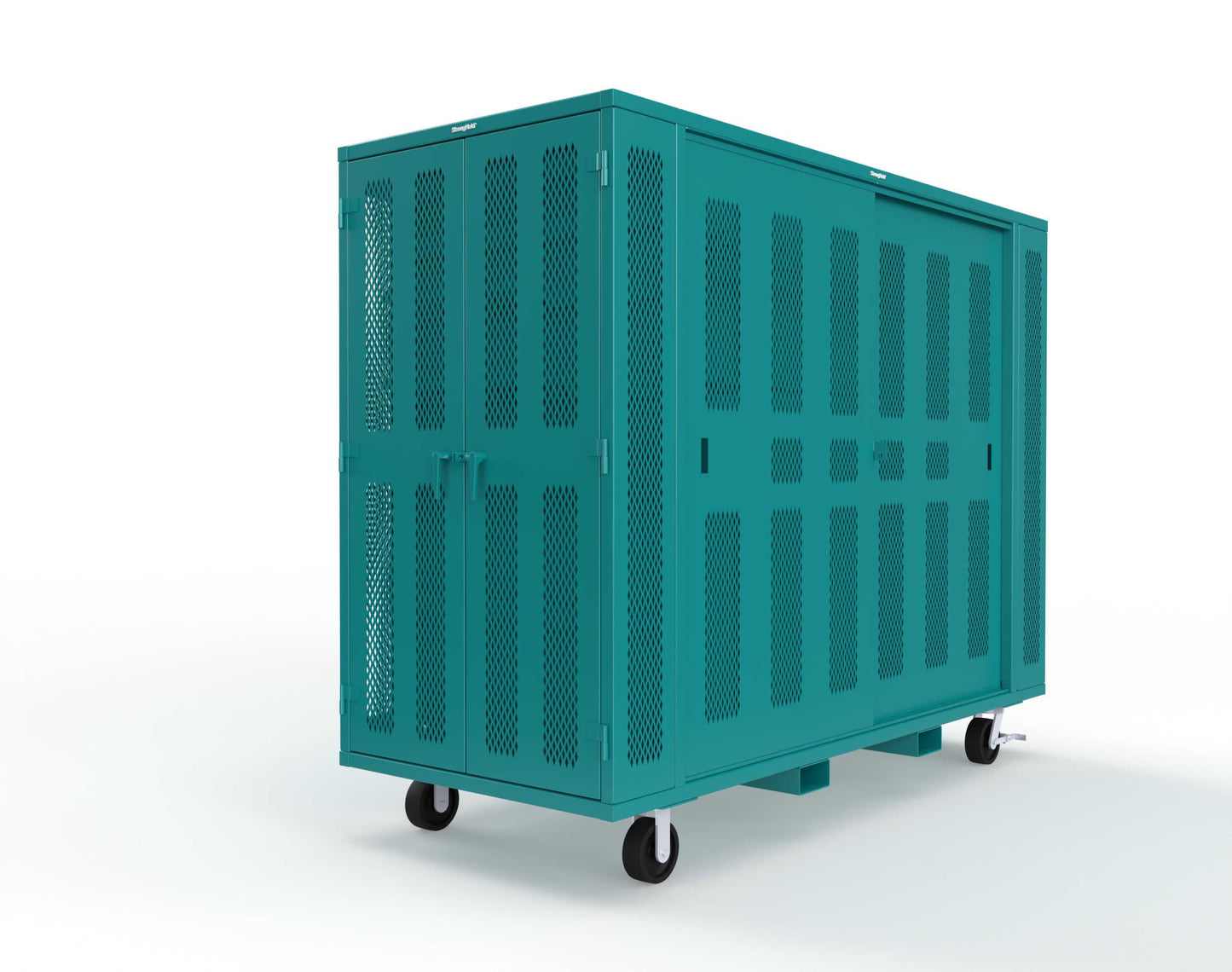 Extreme Duty Mobile Rigging Cabinet with 2 sets of 2 Ventilated Sliding Doors and 2 sets of 2 Ventilated Swing Doors with Short and Long Hangers  - 122 in. W x 50 in. D x 100 in. H - 10.27.6-4V-500-2SLD-2ED-40SH-16LH-FLP-CA-5021