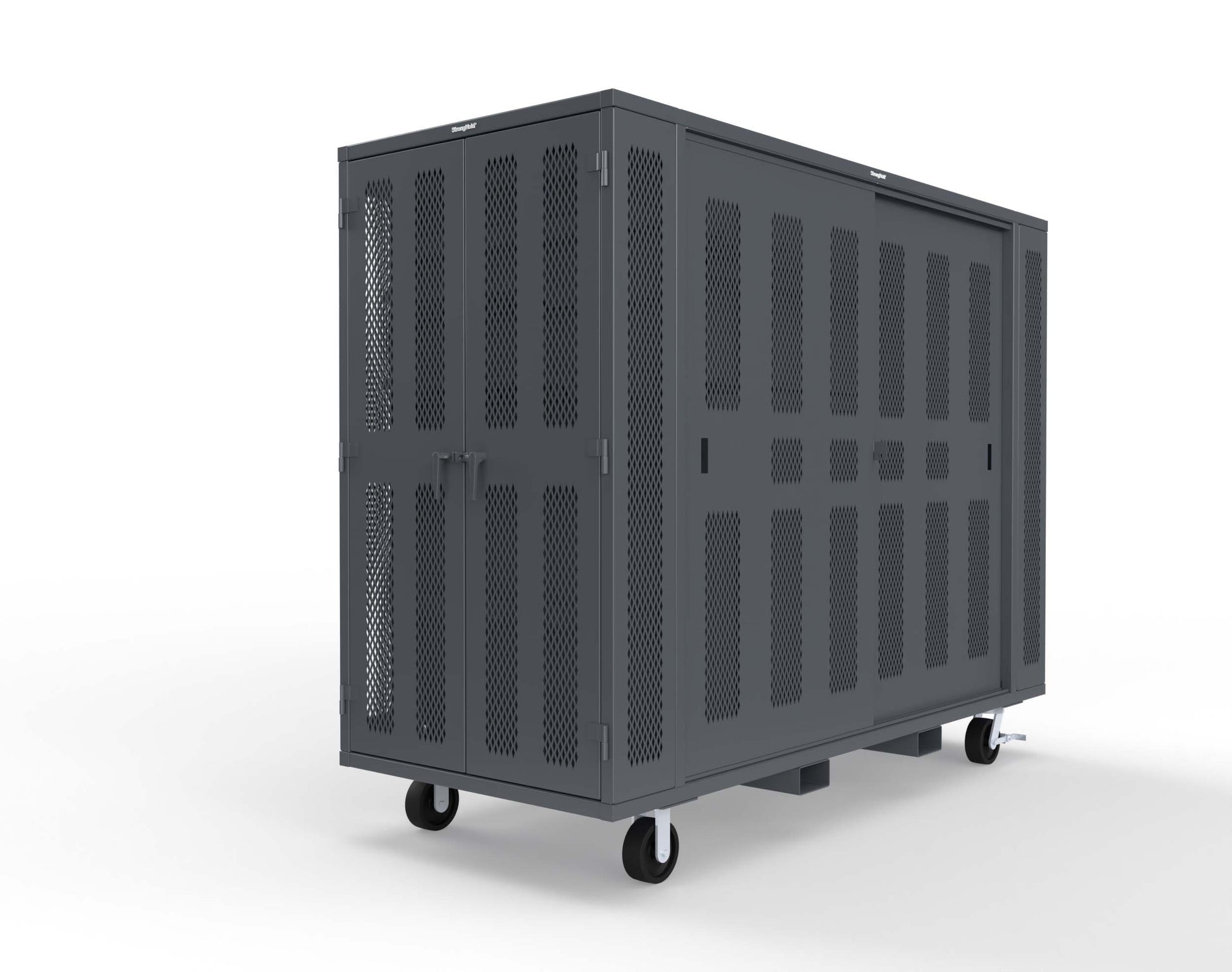 Extreme Duty Mobile Rigging Cabinet with 2 sets of 2 Ventilated Sliding Doors and 2 sets of 2 Ventilated Swing Doors with Short and Long Hangers  - 122 in. W x 50 in. D x 100 in. H - 10.27.6-4V-500-2SLD-2ED-40SH-16LH-FLP-CA-7024