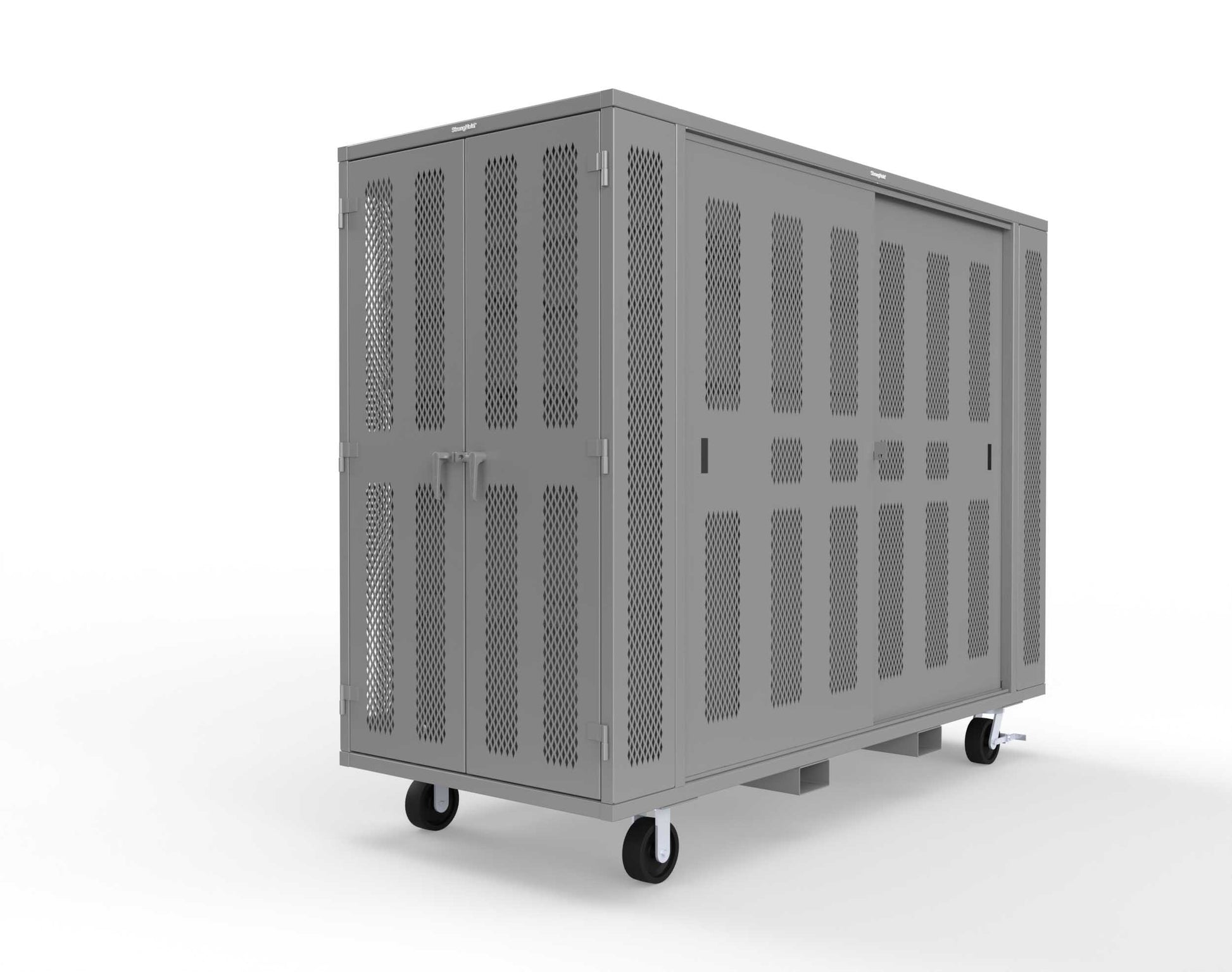 Extreme Duty Mobile Rigging Cabinet with 2 sets of 2 Ventilated Sliding Doors and 2 sets of 2 Ventilated Swing Doors with Short and Long Hangers  - 122 in. W x 50 in. D x 100 in. H - 10.27.6-4V-500-2SLD-2ED-40SH-16LH-FLP-CA-7037