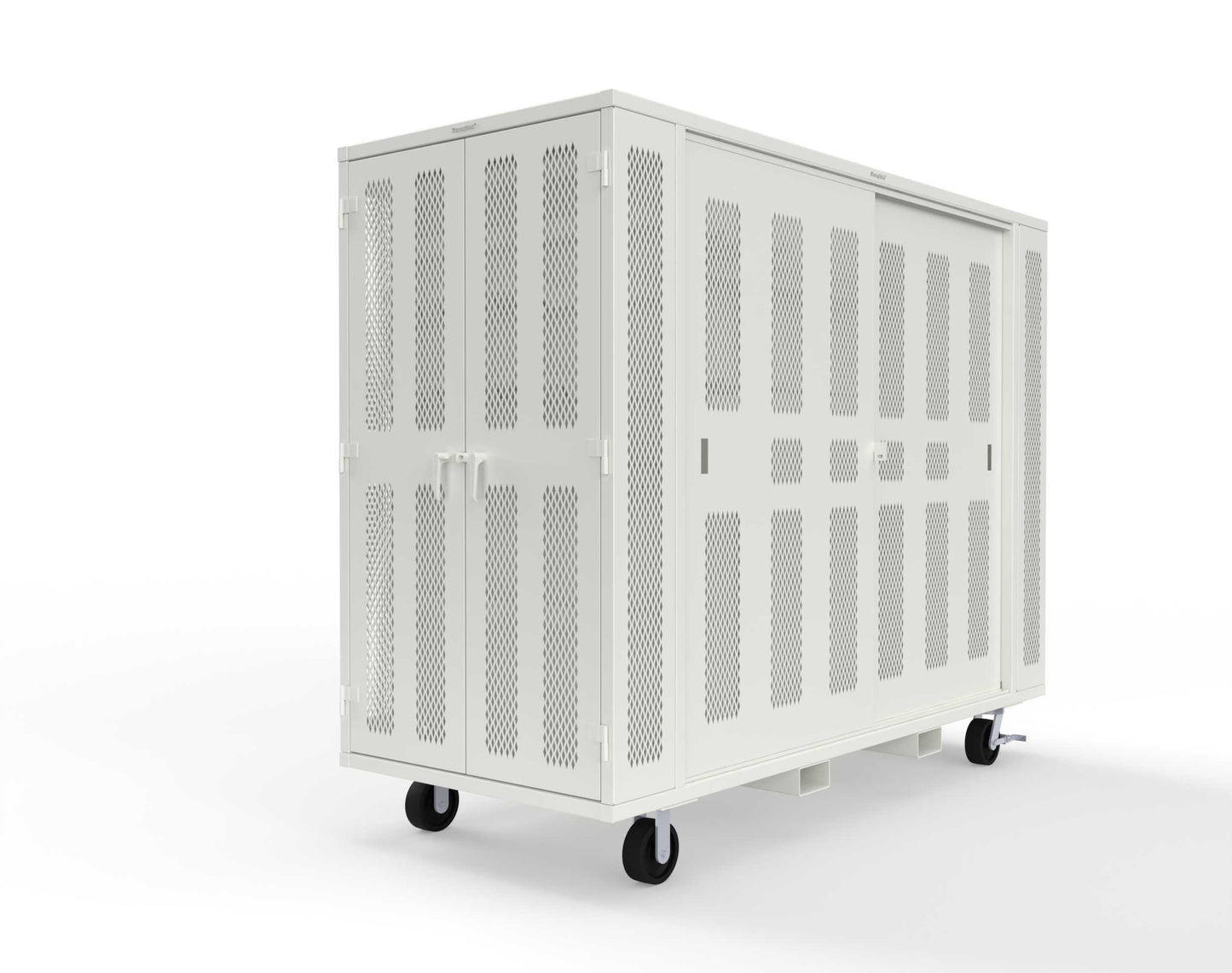 Extreme Duty Mobile Rigging Cabinet with 2 sets of 2 Ventilated Sliding Doors and 2 sets of 2 Ventilated Swing Doors with Short and Long Hangers  - 122 in. W x 50 in. D x 100 in. H - 10.27.6-4V-500-2SLD-2ED-40SH-16LH-FLP-CA-9003